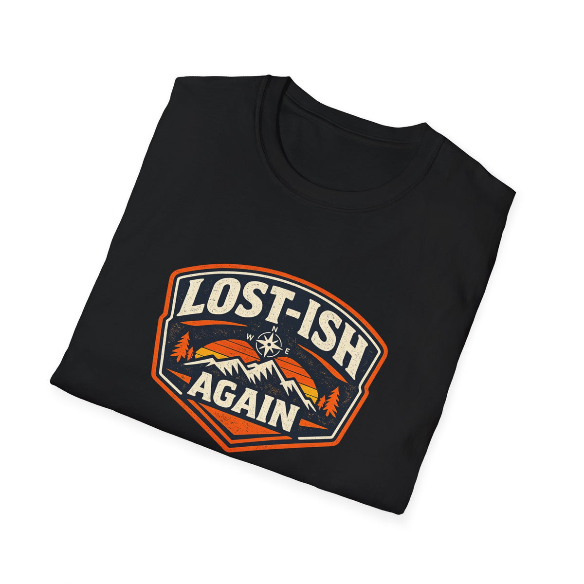 Black folded road trip t-shirt featuring a vintage mountain badge with the phrase "Lost-ish Again"