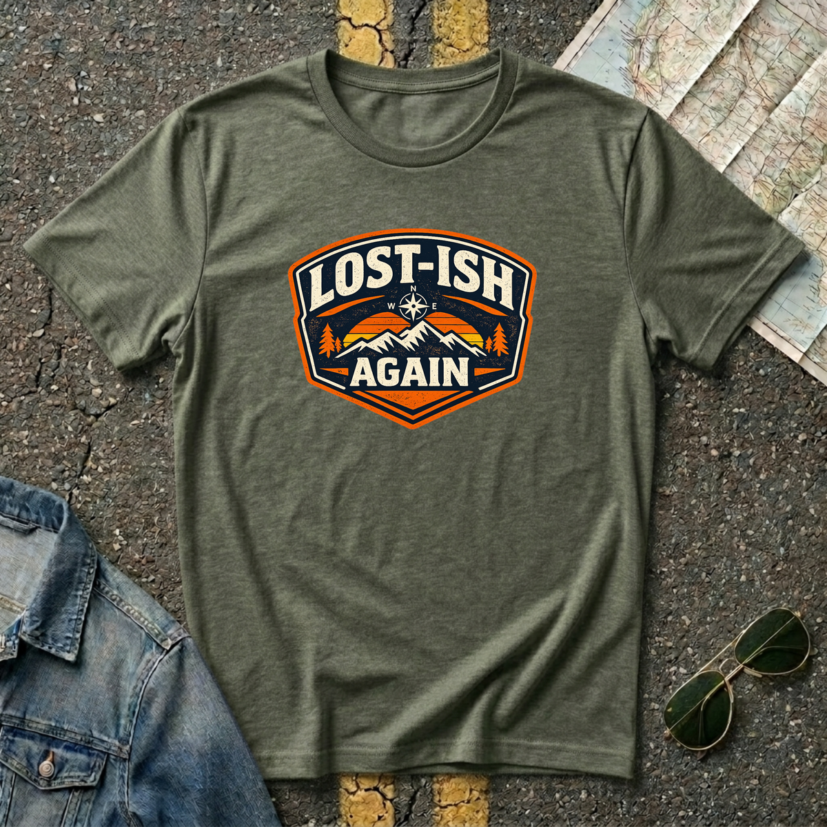 Military green road trip t-shirt featuring a vintage mountain badge with the phrase "Lost-ish Again"
