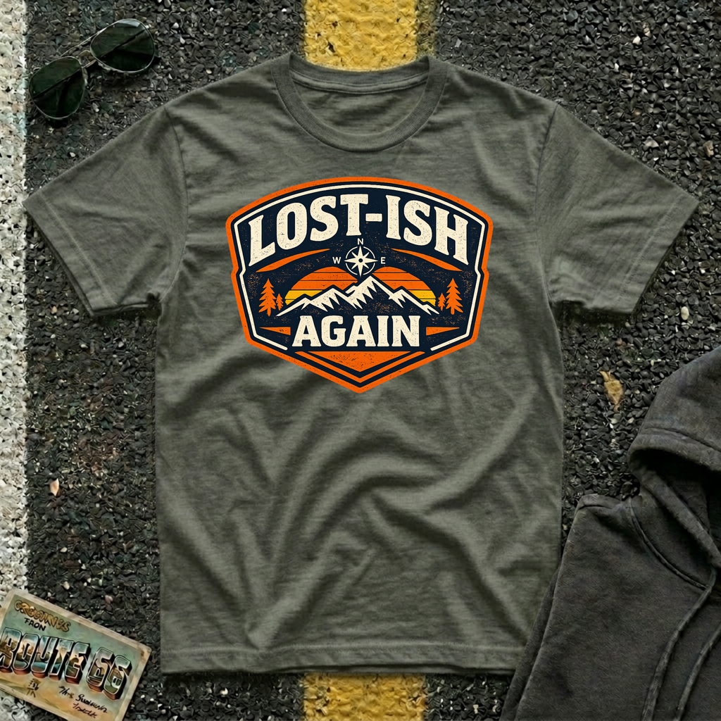 Lost-ish Again T-shirt in military green featuring a vintage mountain and compass design for road trip enthusiast RV travelers, and outdoor adventurers.