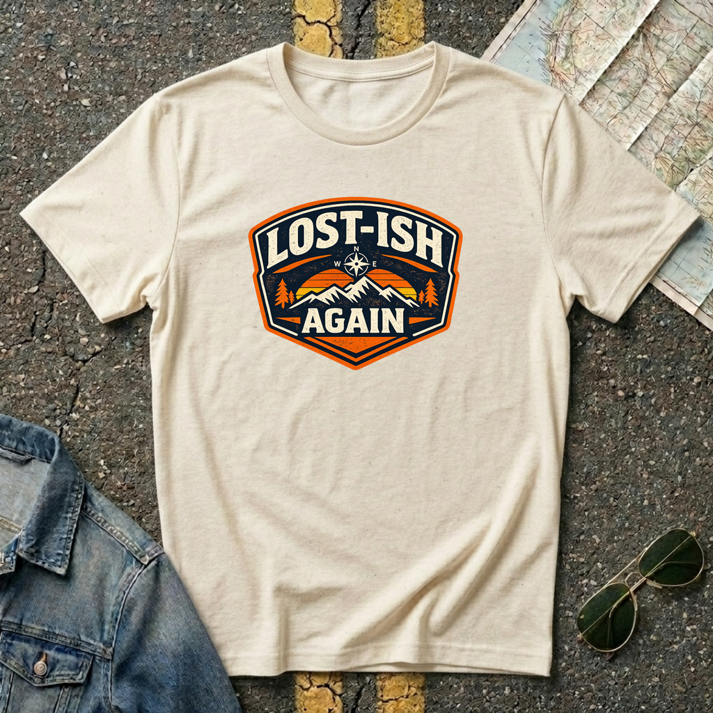 Natural color road trip t-shirt featuring a vintage mountain badge with the phrase "Lost-ish Again"
