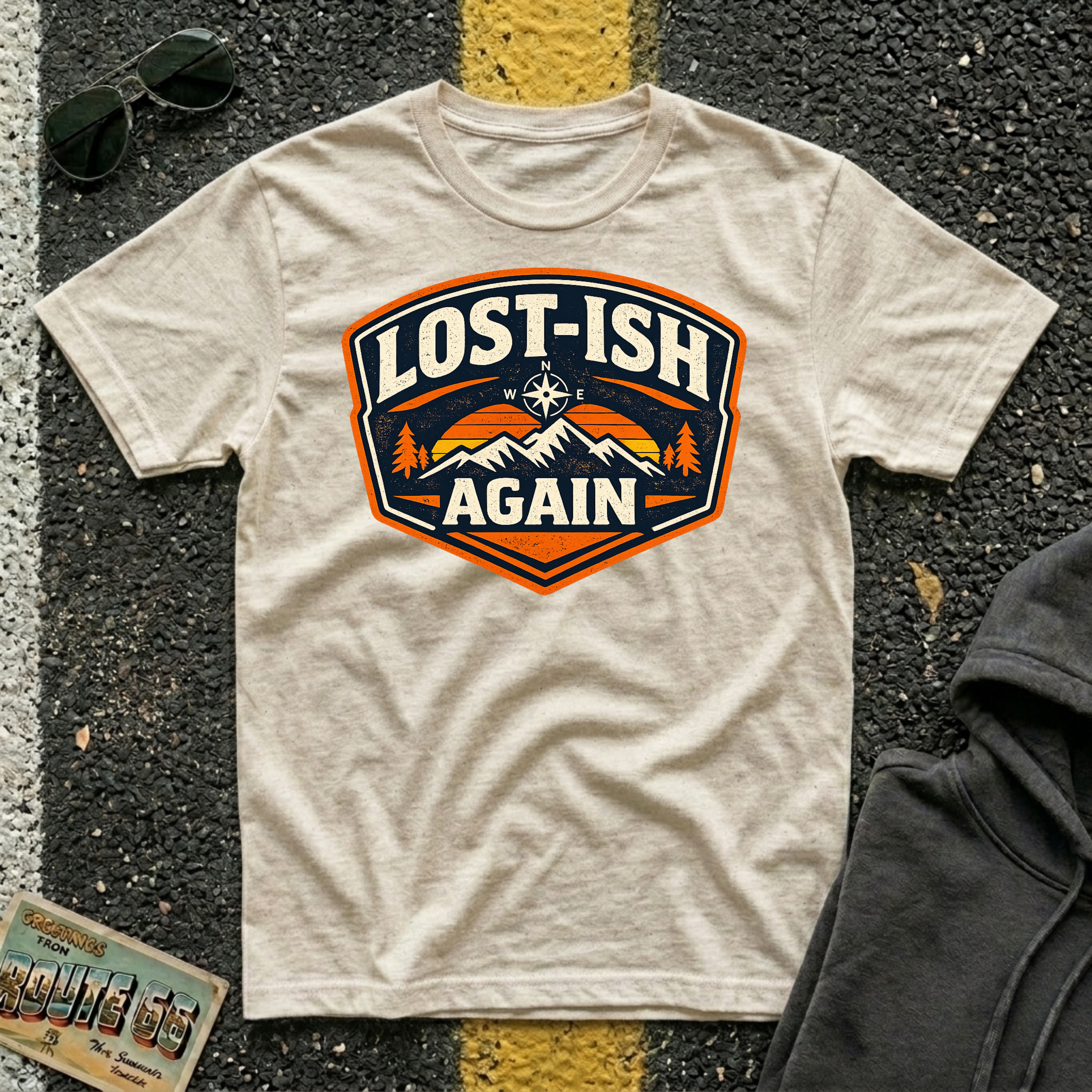 Lost-ish Again T-shirt in natural color featuring a vintage mountain and compass design for road trip enthusiast RV travelers, and outdoor adventurers.