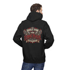 A man shown from the back wearing a black pullover hoodie with a large graphic print on the back. The graphic features red and beige text reading 'BUILT FOR THE LONG HAUL' and 'MADE TO LAST' with wings and a truck illustration.