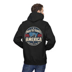 Person wearing a black hoodie with a graphic and text on the back 'PAID TO TRAVEL AMERICA' 'THE ROAD IS THE JOB', on a white background