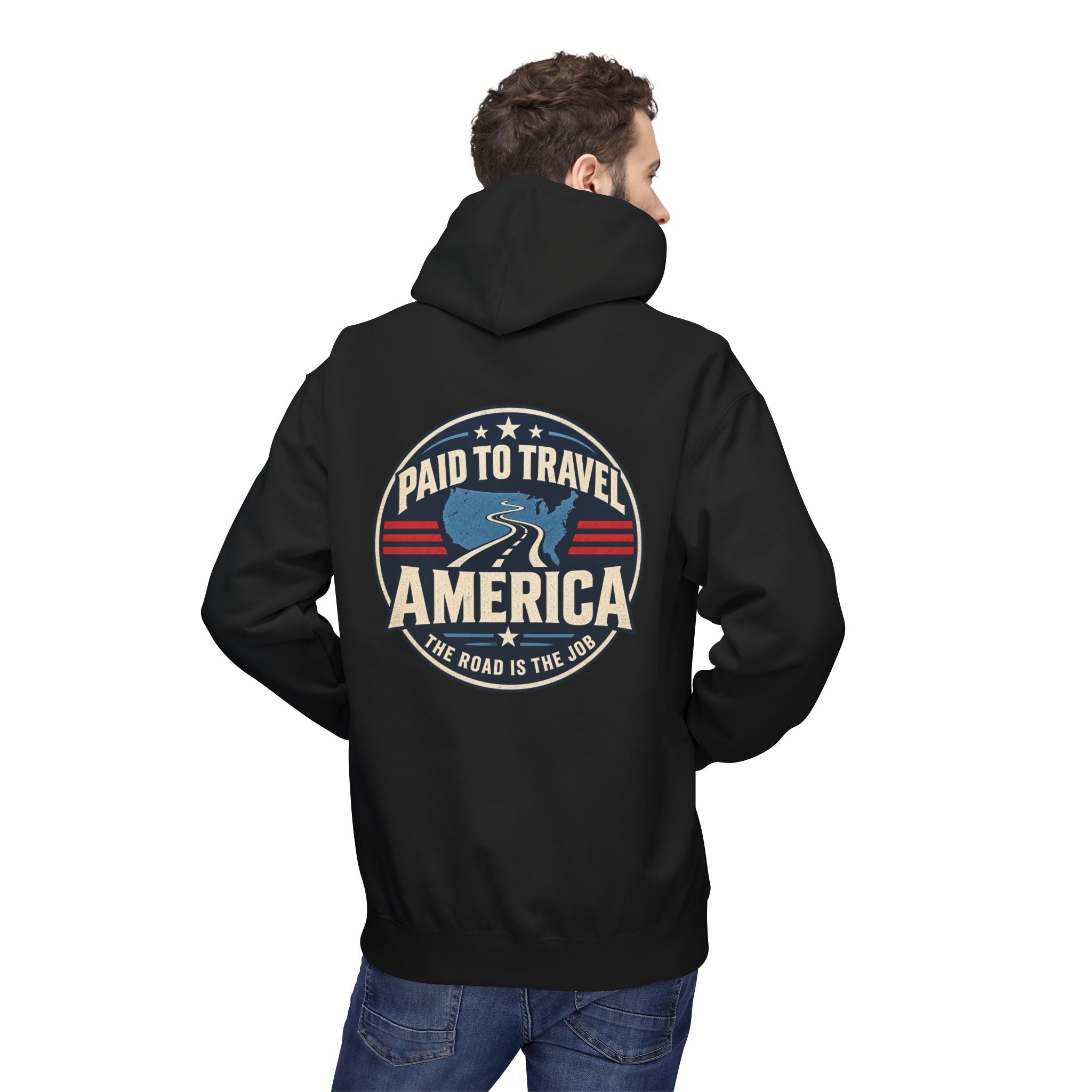 Person wearing a black hoodie with a graphic and text on the back 'PAID TO TRAVEL AMERICA' 'THE ROAD IS THE JOB', on a white background