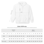 White hoodie with measurement chart on a white background
