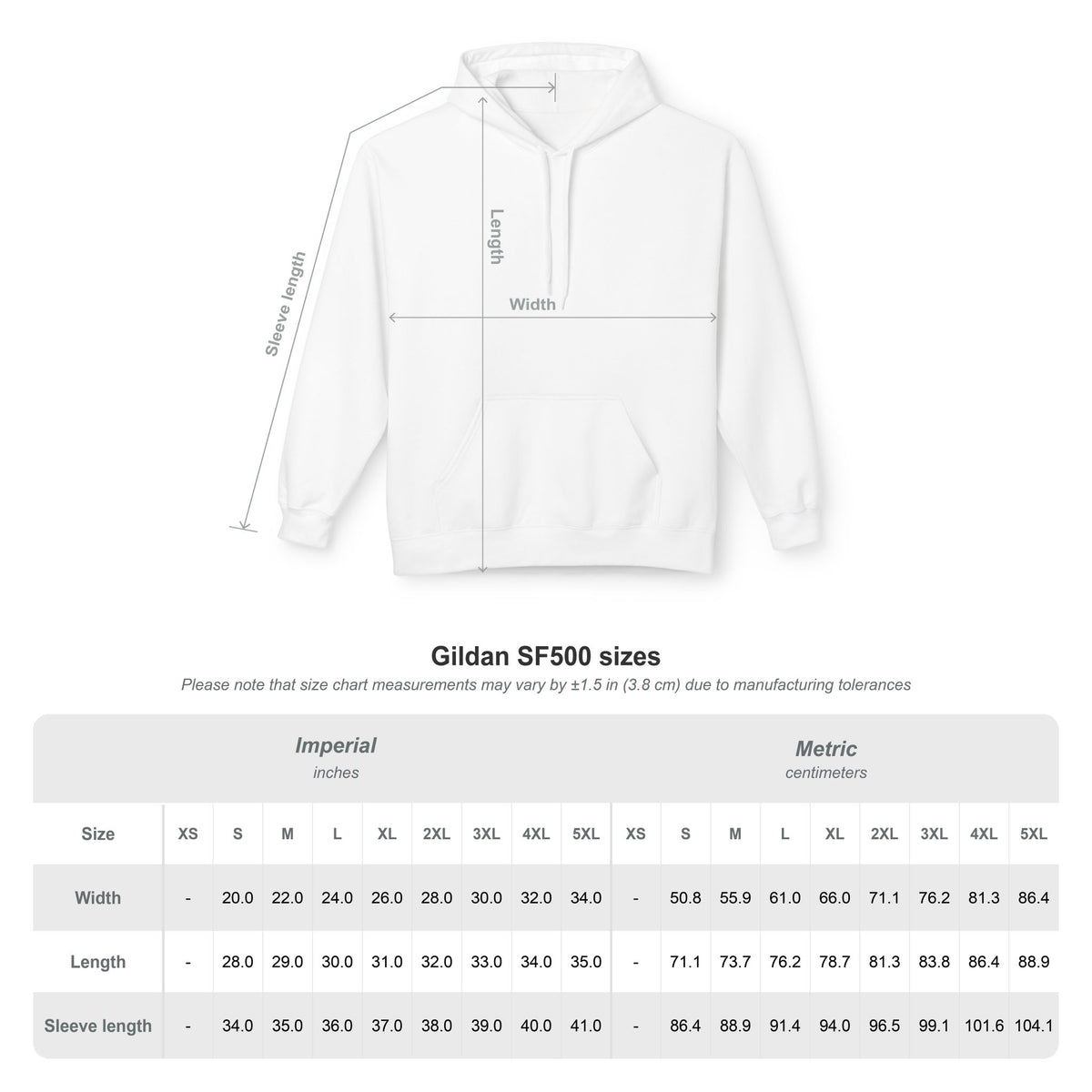 White hoodie with measurement chart on a white background