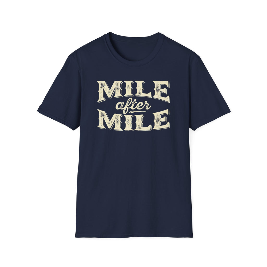 Navy 'Mile After mile' t-shirt with a white background.
