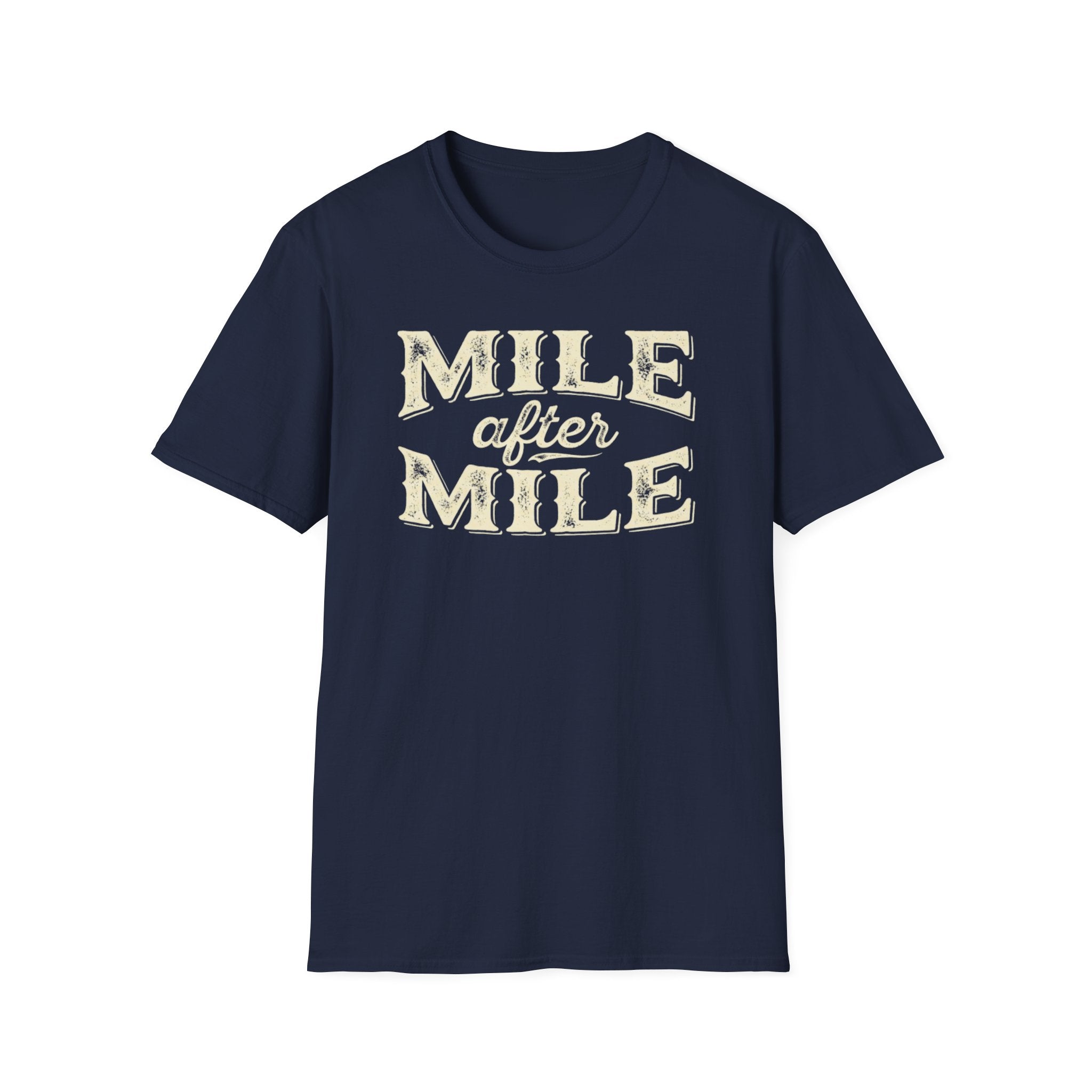 Navy 'Mile After mile' t-shirt with a white background.