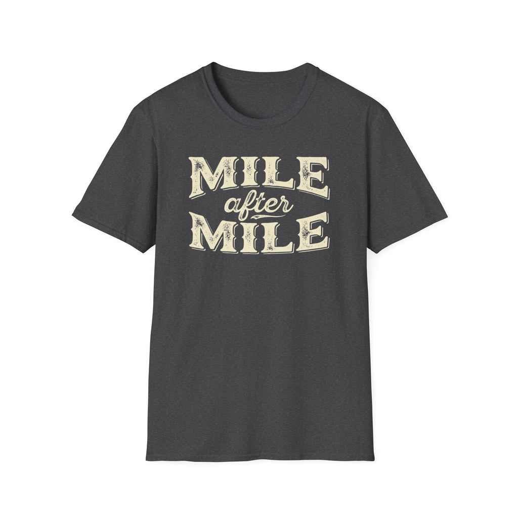 Dark heather 'Mile After mile' t-shirt with a white background.
