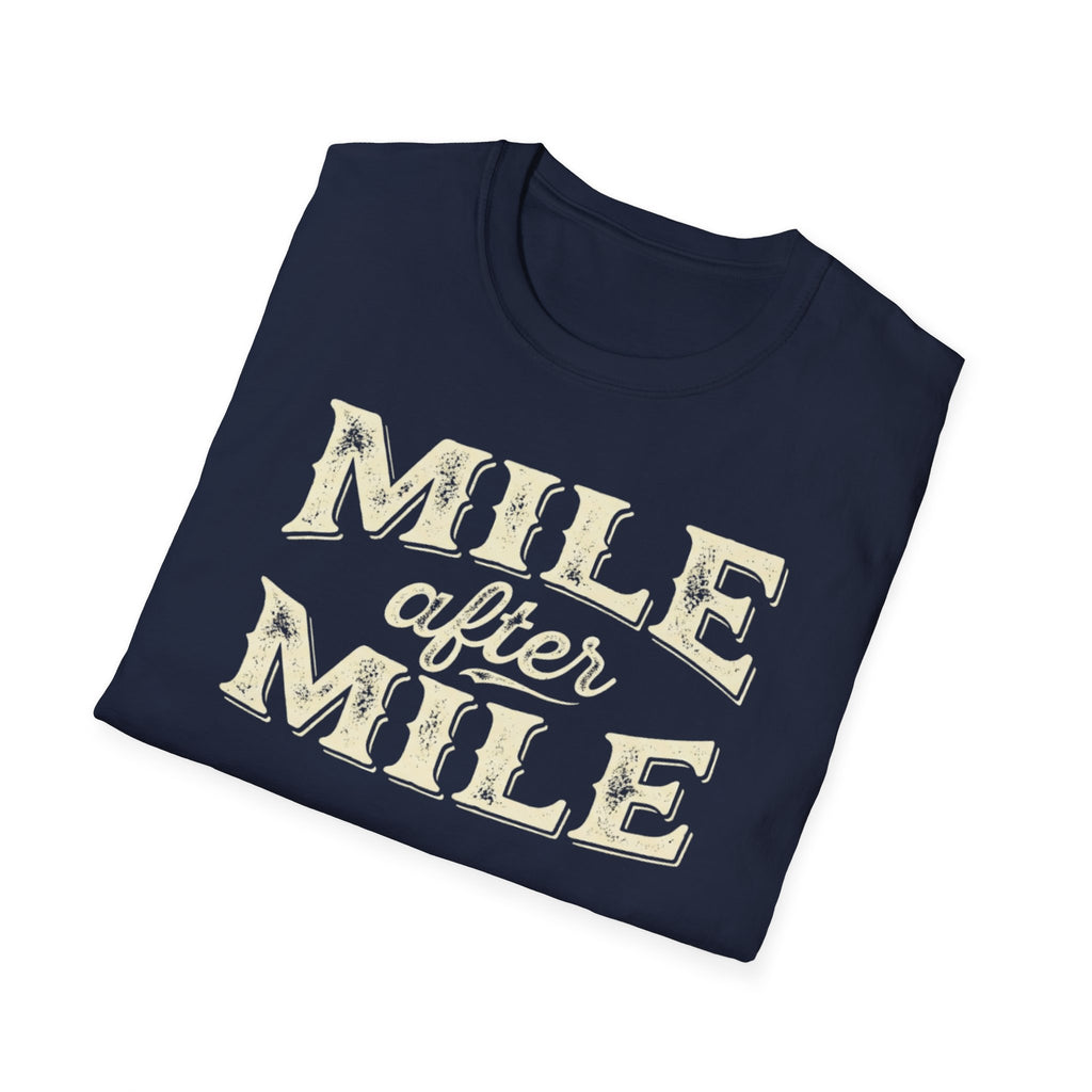 Navy folded 'Mile After mile' t-shirt with a white background.
