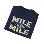 Navy folded 'Mile After mile' t-shirt with a white background.
