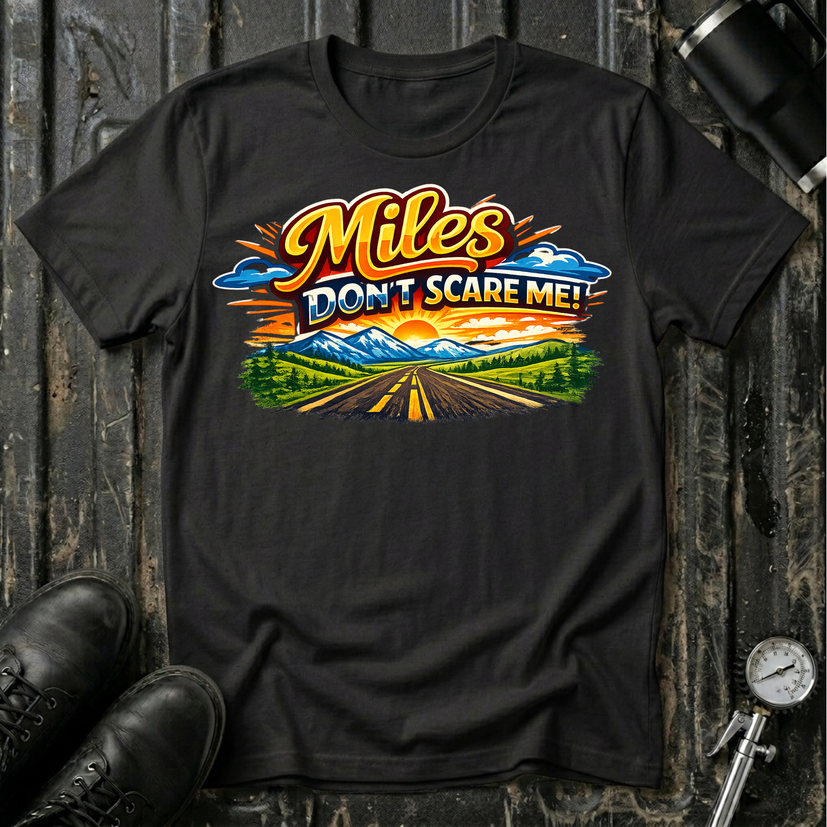 Miles Don't Scare Me! T-shirt by The Riverstone Life on a black Gildan Softstyle 64000 featuring a colorful open highway and mountain landscape design.