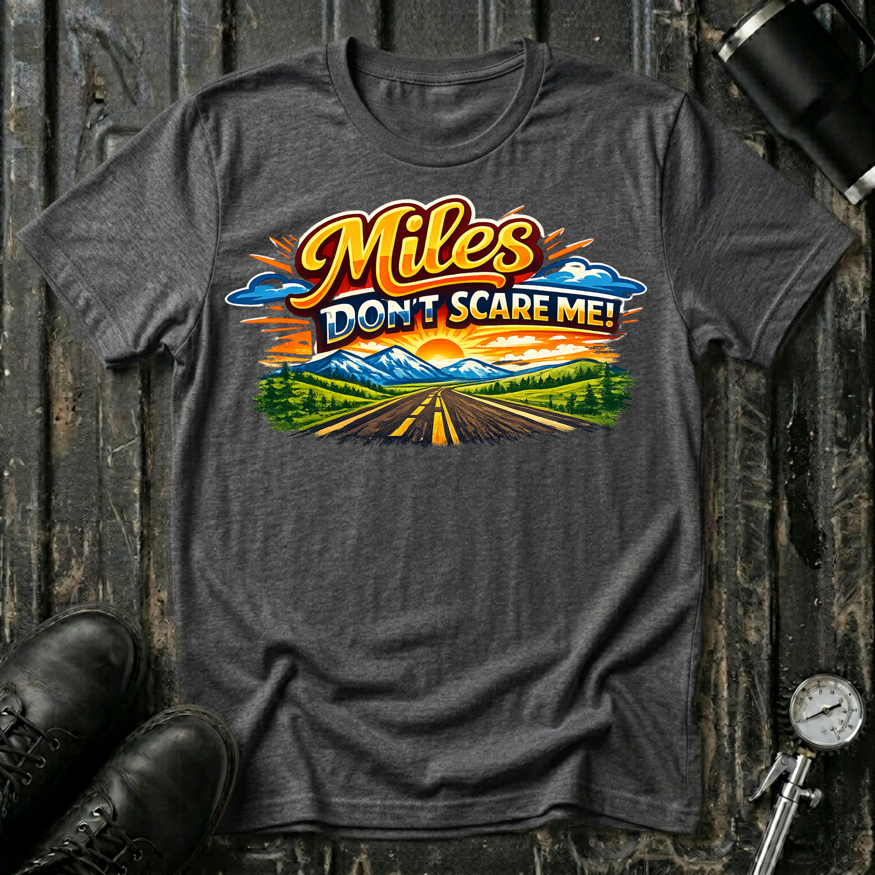 Miles Don't Scare Me! T-shirt by The Riverstone Life on a dark heather Gildan Softstyle 64000 featuring a colorful open highway and mountain landscape design.
