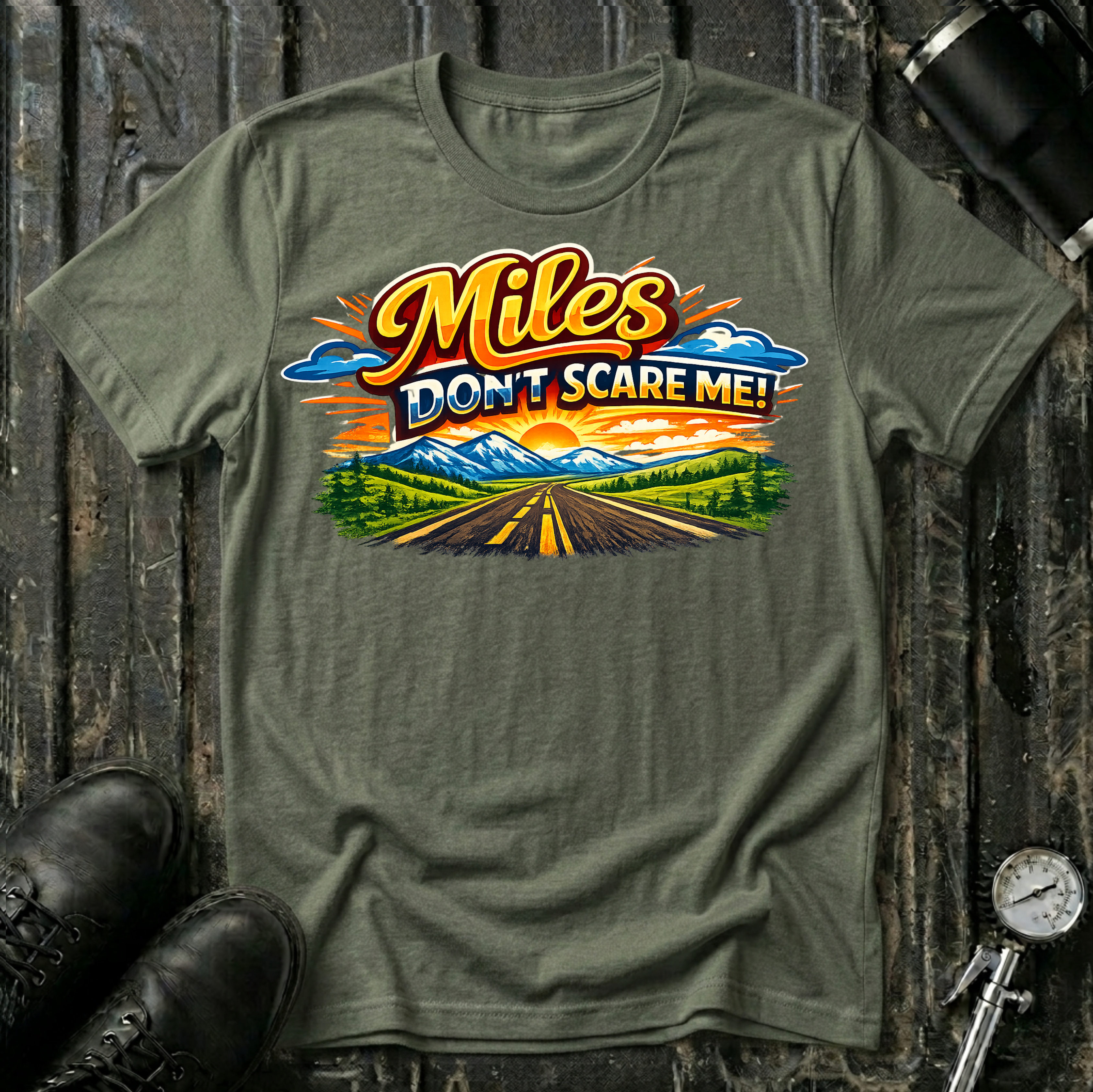 Miles Don't Scare Me! T-shirt by The Riverstone Life on a military green Gildan Softstyle 64000 featuring a colorful open highway and mountain landscape design.