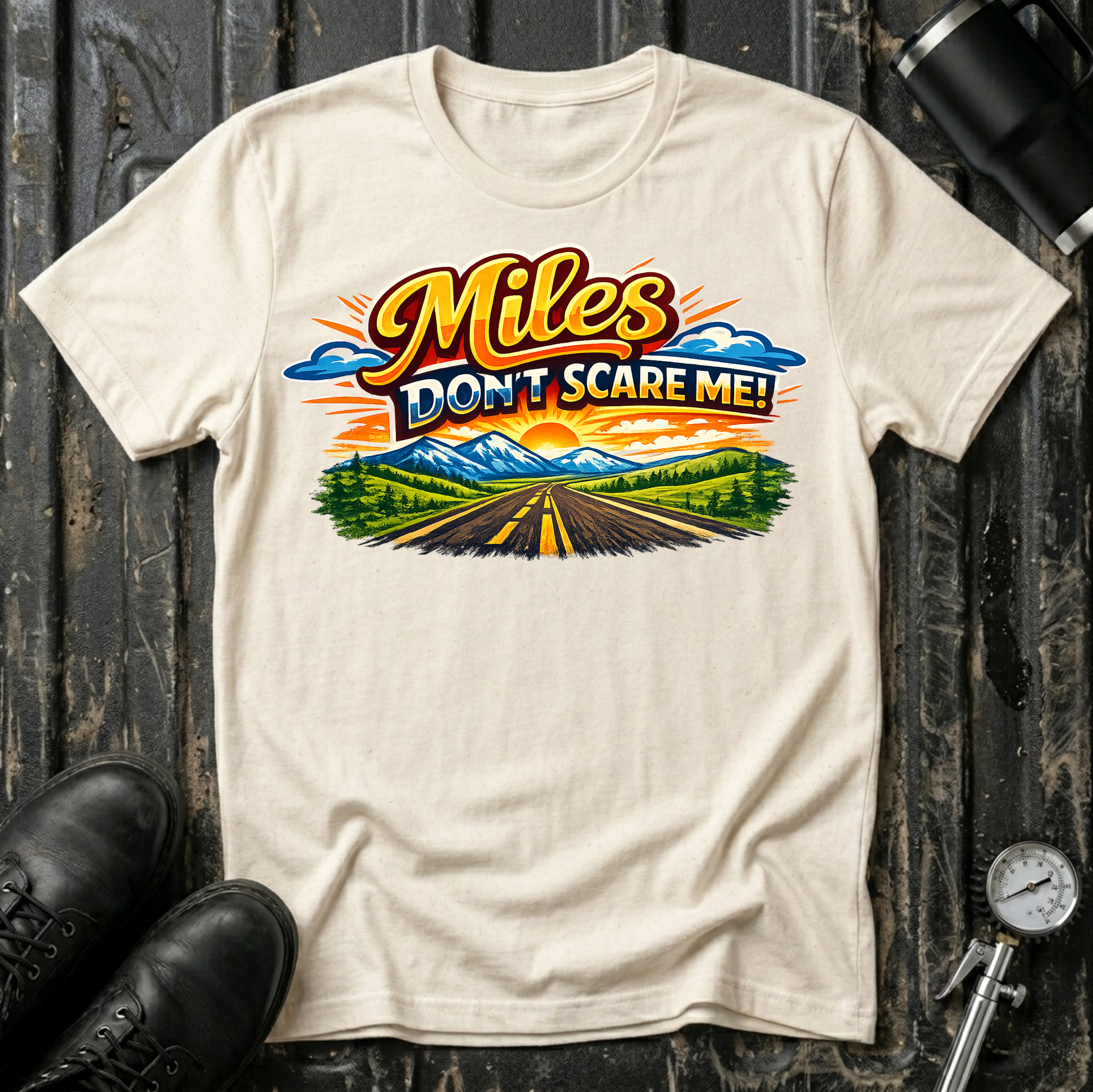 Miles Don't Scare Me! T-shirt by The Riverstone Life on a natural Gildan Softstyle 64000 featuring a colorful open highway and mountain landscape design.