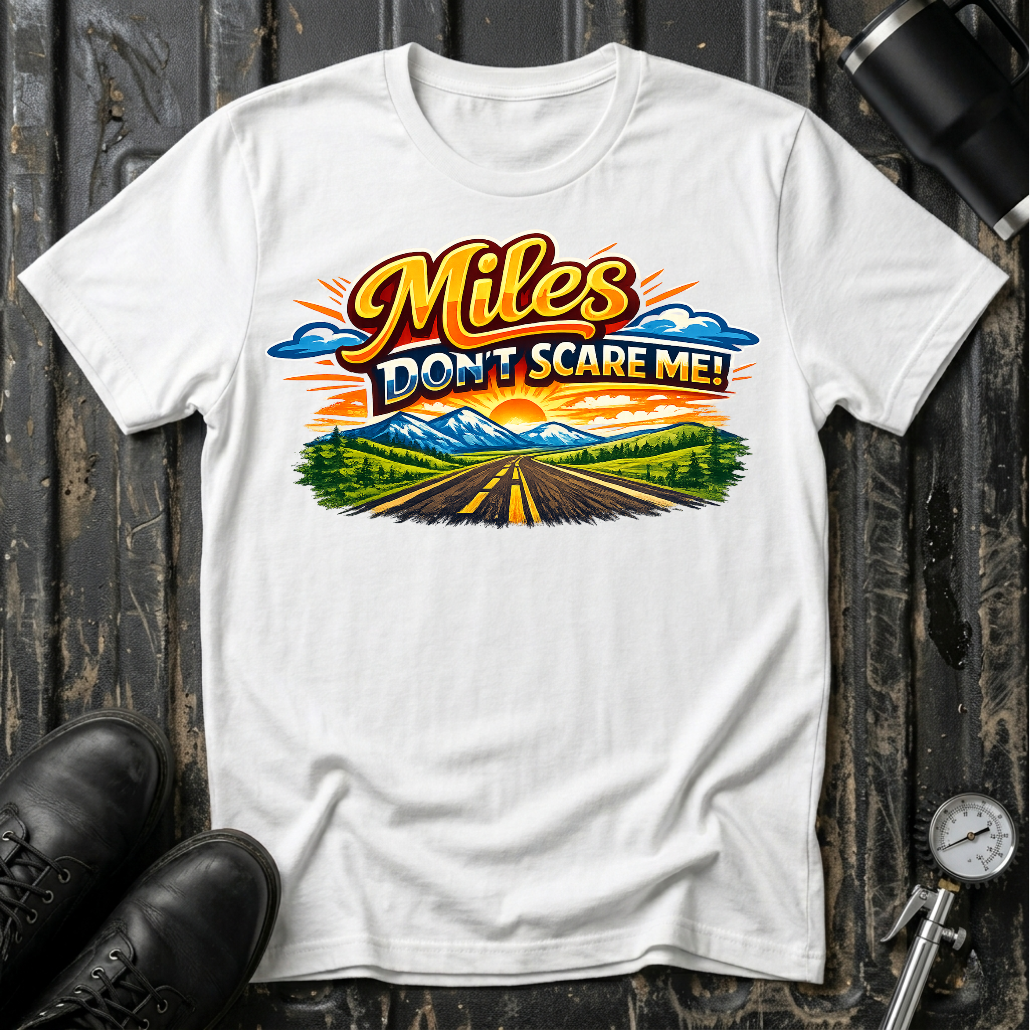 Miles Don't Scare Me! T-shirt by The Riverstone Life on a white Gildan Softstyle 64000 featuring a colorful open highway and mountain landscape design.