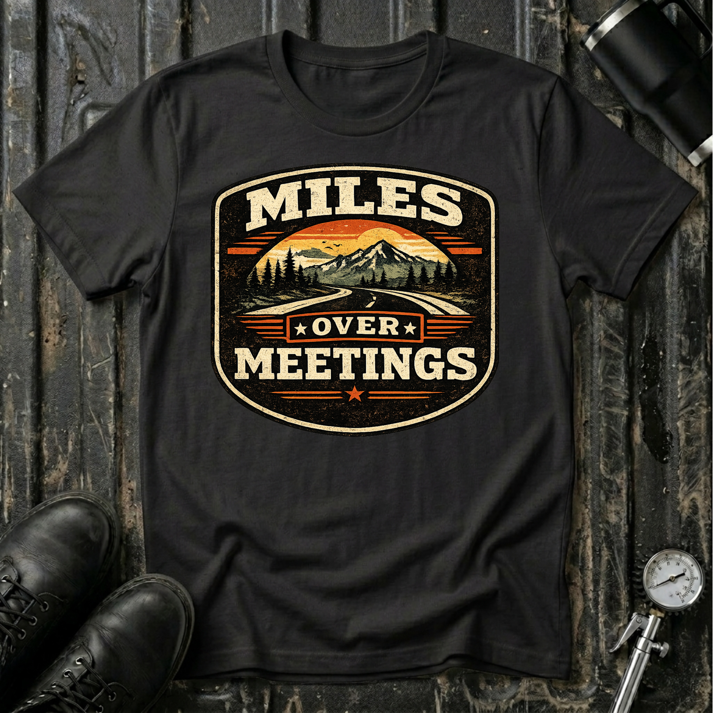 Miles Over Meeting T-shirt by The Riverstone Life on a black Gildan Softstyle 64000 featuring a vintage highway and mountain design.
