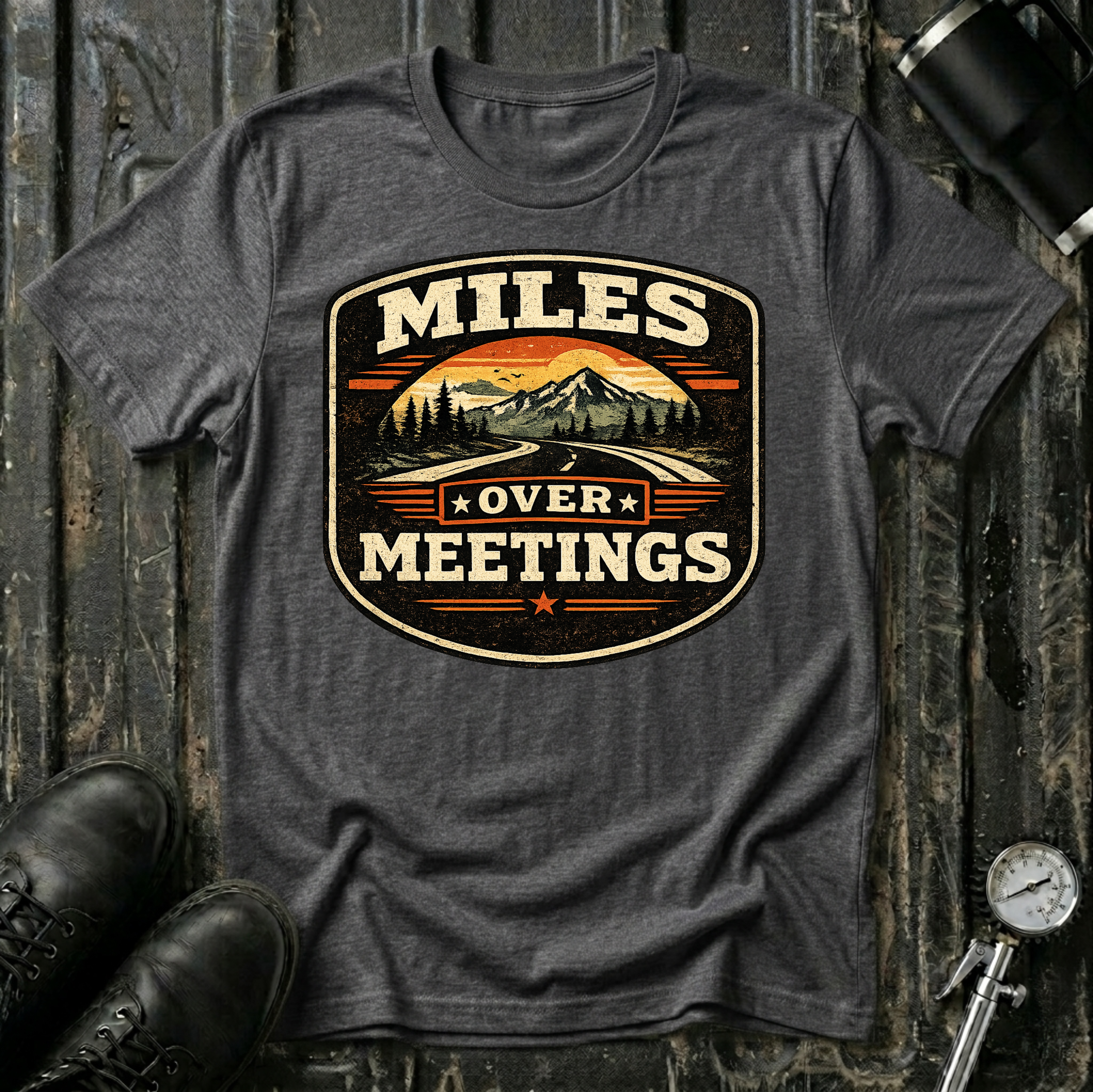 Miles Over Meeting T-shirt by The Riverstone Life on a dark heather Gildan Softstyle 64000 featuring a vintage highway and mountain design.