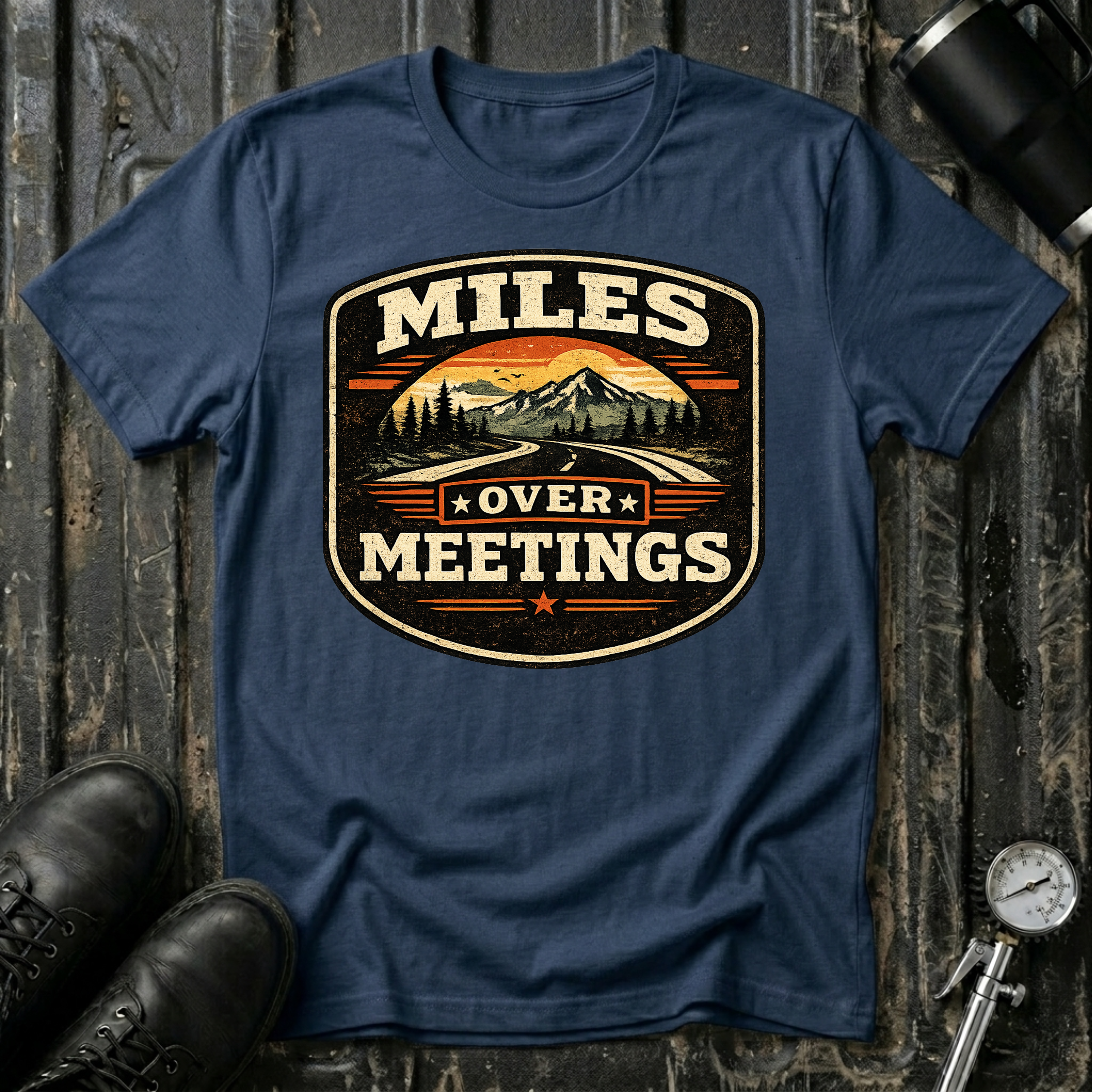 Miles Over Meeting T-shirt by The Riverstone Life on a navy Gildan Softstyle 64000 featuring a vintage highway and mountain design.