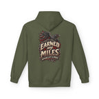 An military green pullover hoodie shown from the back, featuring a graphic print of a raven and the text 'EARNED MY MILES' with 'NOTHING LEFT TO PROVE' underneath.