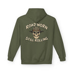 Military green hoodie with white text on the back  'Road Worn Still Rolling' on a white background