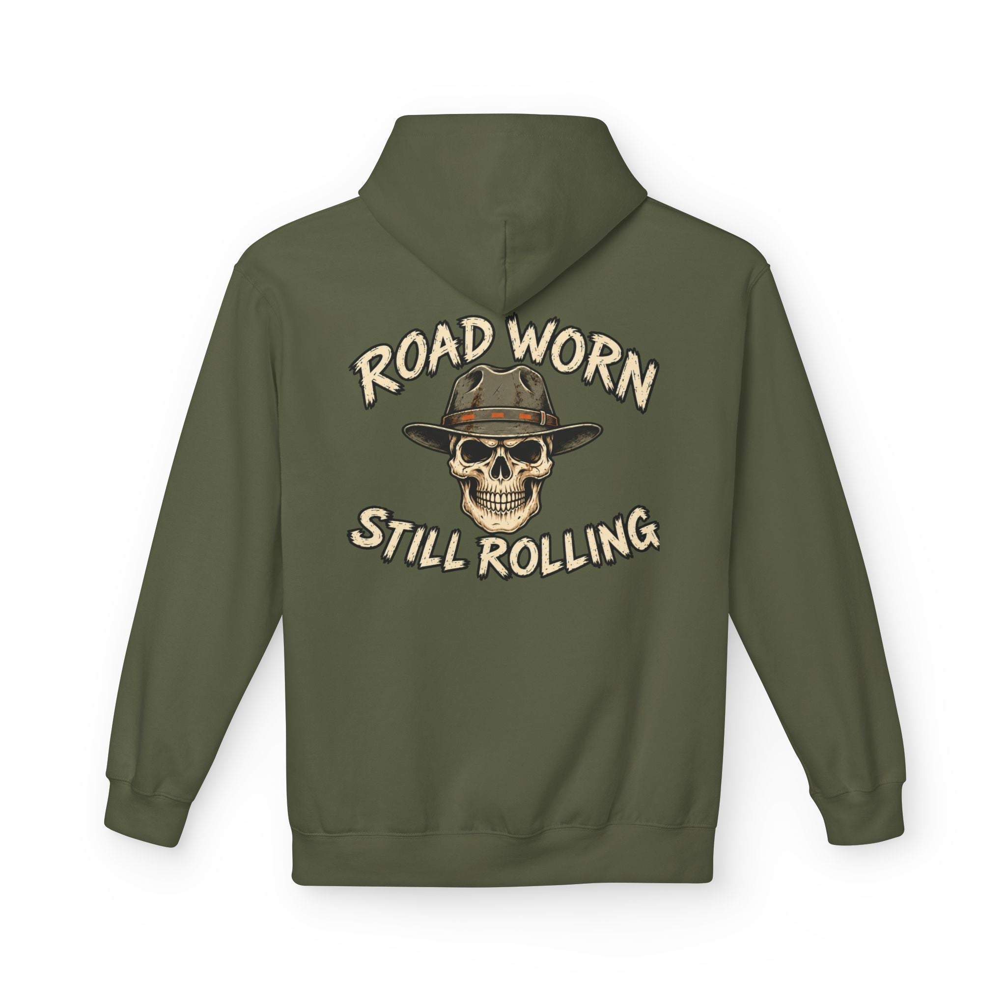 Military green hoodie with white text on the back  'Road Worn Still Rolling' on a white background