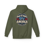 An military green pullover hoodie shown from the back, featuring a large circular graphic print with the text 'PAID TO TRAVEL AMERICA' 'THE ROAD IS THE JOB' and a blue map design.