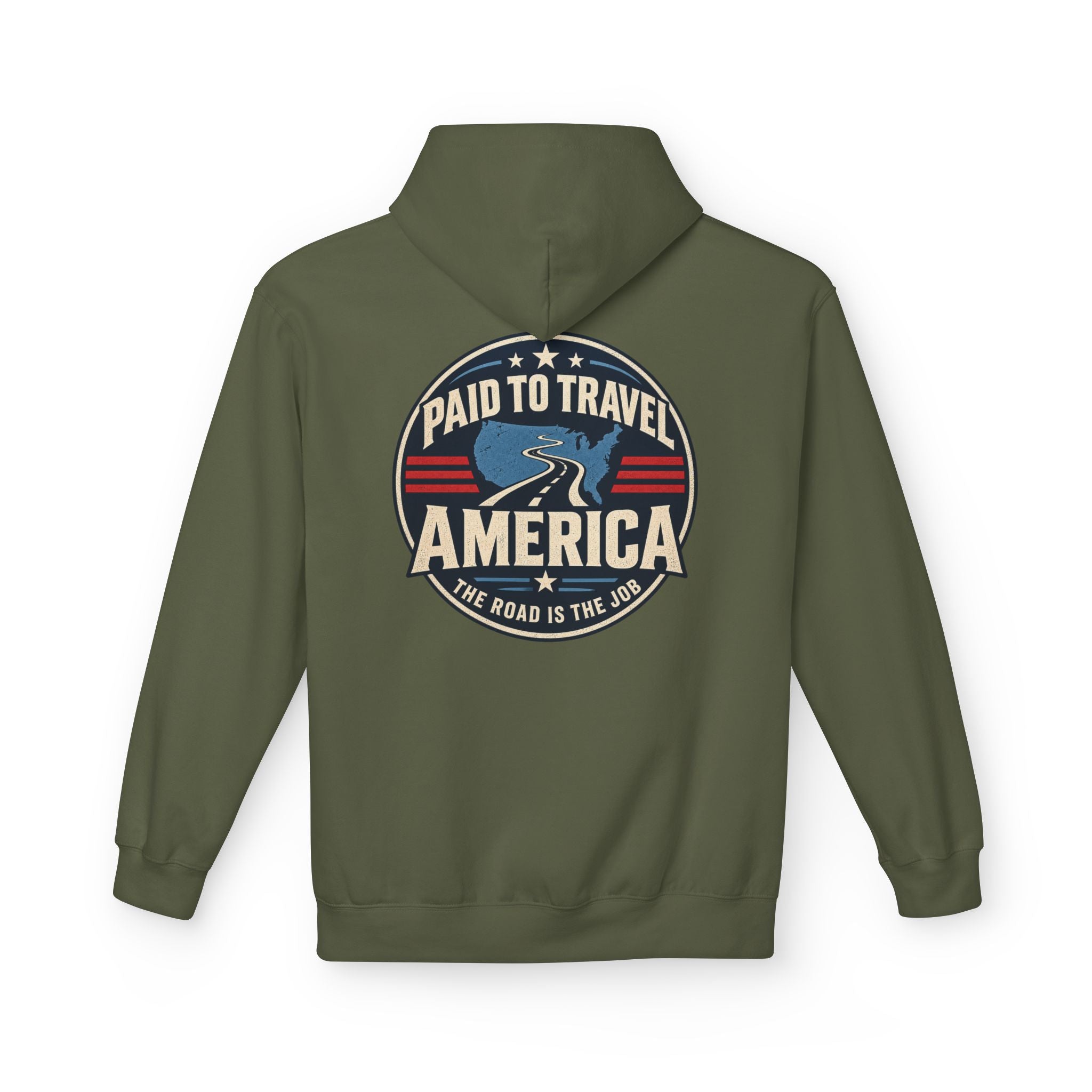An military green pullover hoodie shown from the back, featuring a large circular graphic print with the text 'PAID TO TRAVEL AMERICA' 'THE ROAD IS THE JOB' and a blue map design.