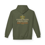 A military green hoodie shown from the back, featuring a white graphic print with the text 'PASSENGER PRINCESS' 'DRIVER'S BIGGEST CRITIC' and a small crest logo above it, set against a plain white background.