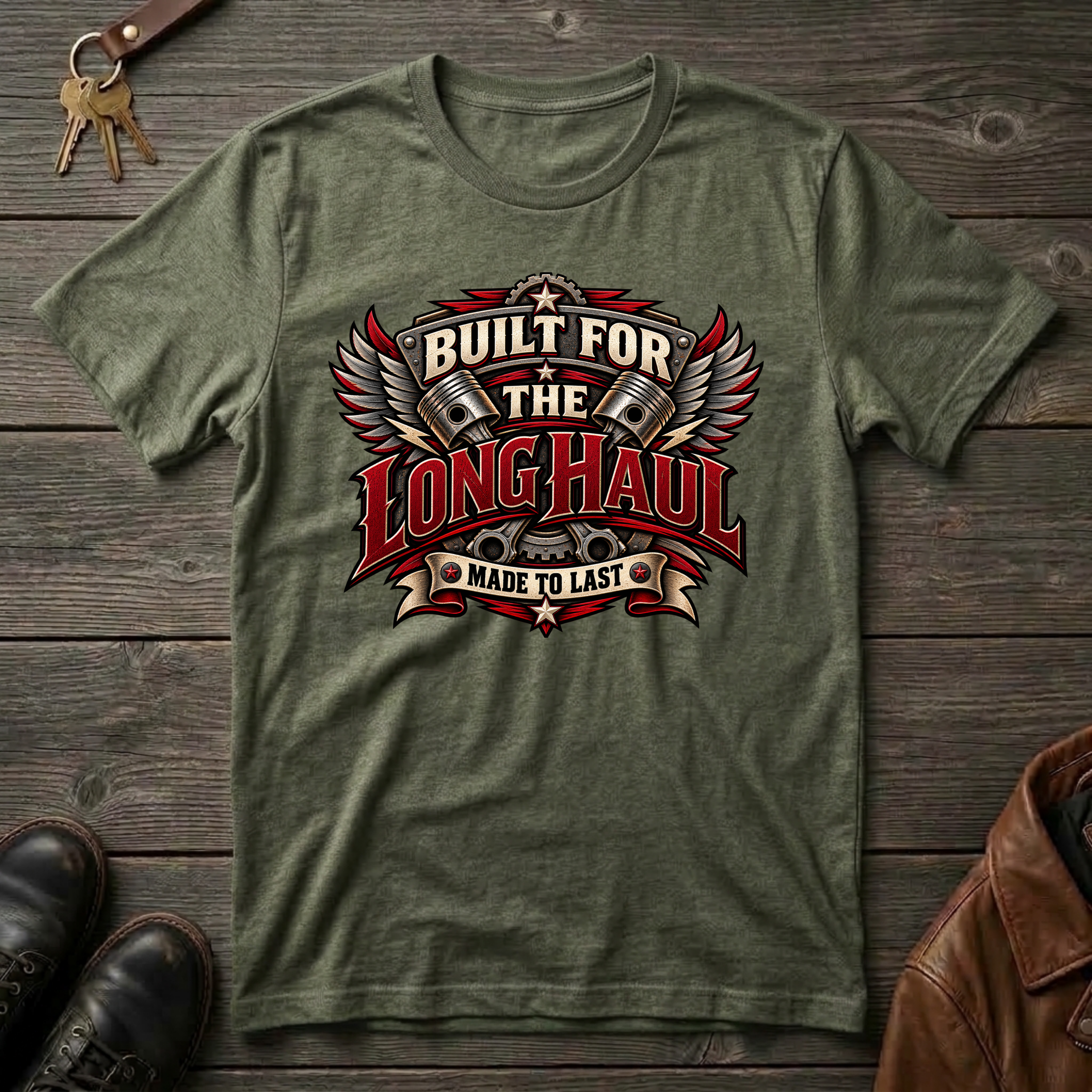 An military green crewneck t-shirt with a vintage-style graphic reading 'BUILT FOR THE LONG HAUL MADE TO LAST' featuring wings and pistons, displayed flat on a dark wood background with keys, shoes, and a leather jacket as props.