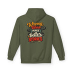 A military green hoodie shown from the back, featuring a colorful graphic print with the text 'Wrong turns make better stories' in orange, red, white, and black lettering.