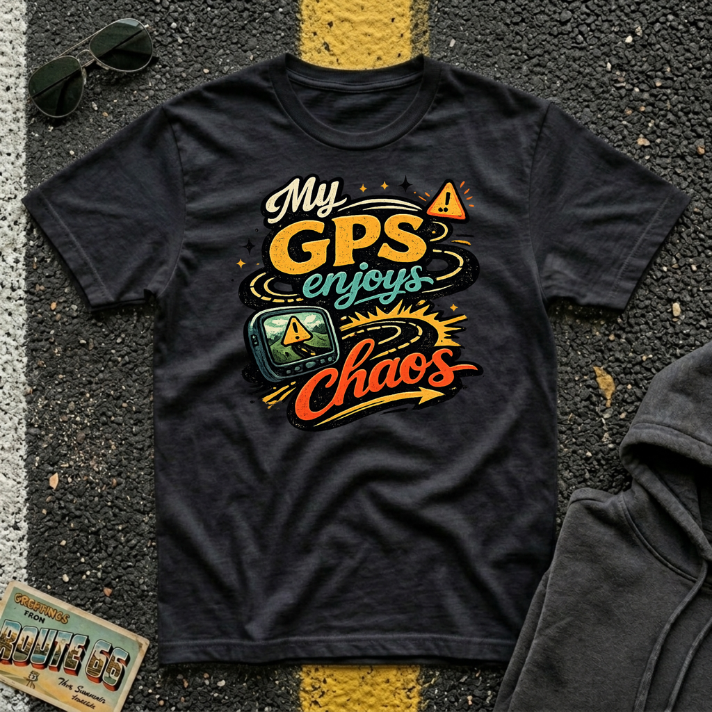 My GPS Enjoys Chaos T-shirt by The Riverstone Life on a black Gildan Softstyle 64000 featuring a humorous road trip graphic inspired by unexpected adventures.