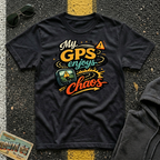 My GPS Enjoys Chaos T-shirt by The Riverstone Life on a black Gildan Softstyle 64000 featuring a humorous road trip graphic inspired by unexpected adventures.