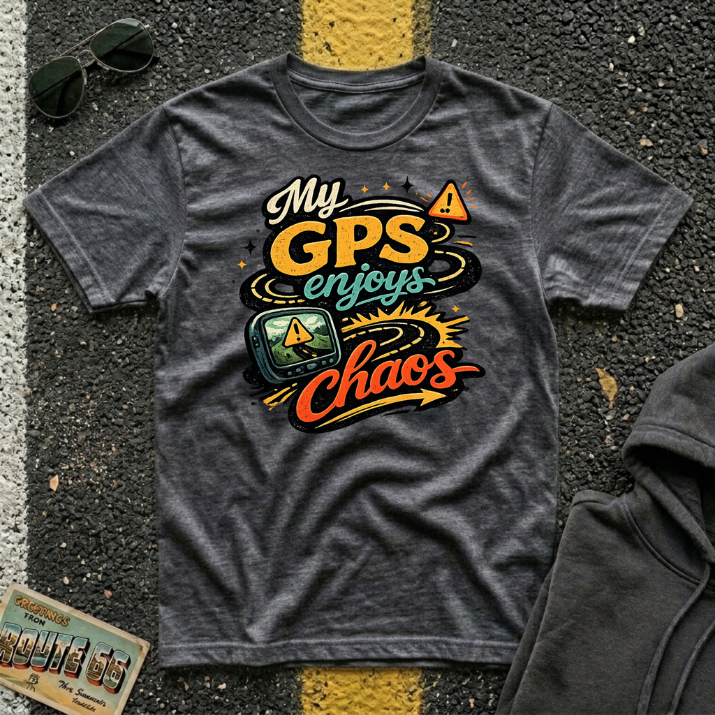 My GPS Enjoys Chaos T-shirt by The Riverstone Life on a dark heather Gildan Softstyle 64000 featuring a humorous road trip graphic inspired by unexpected adventures.