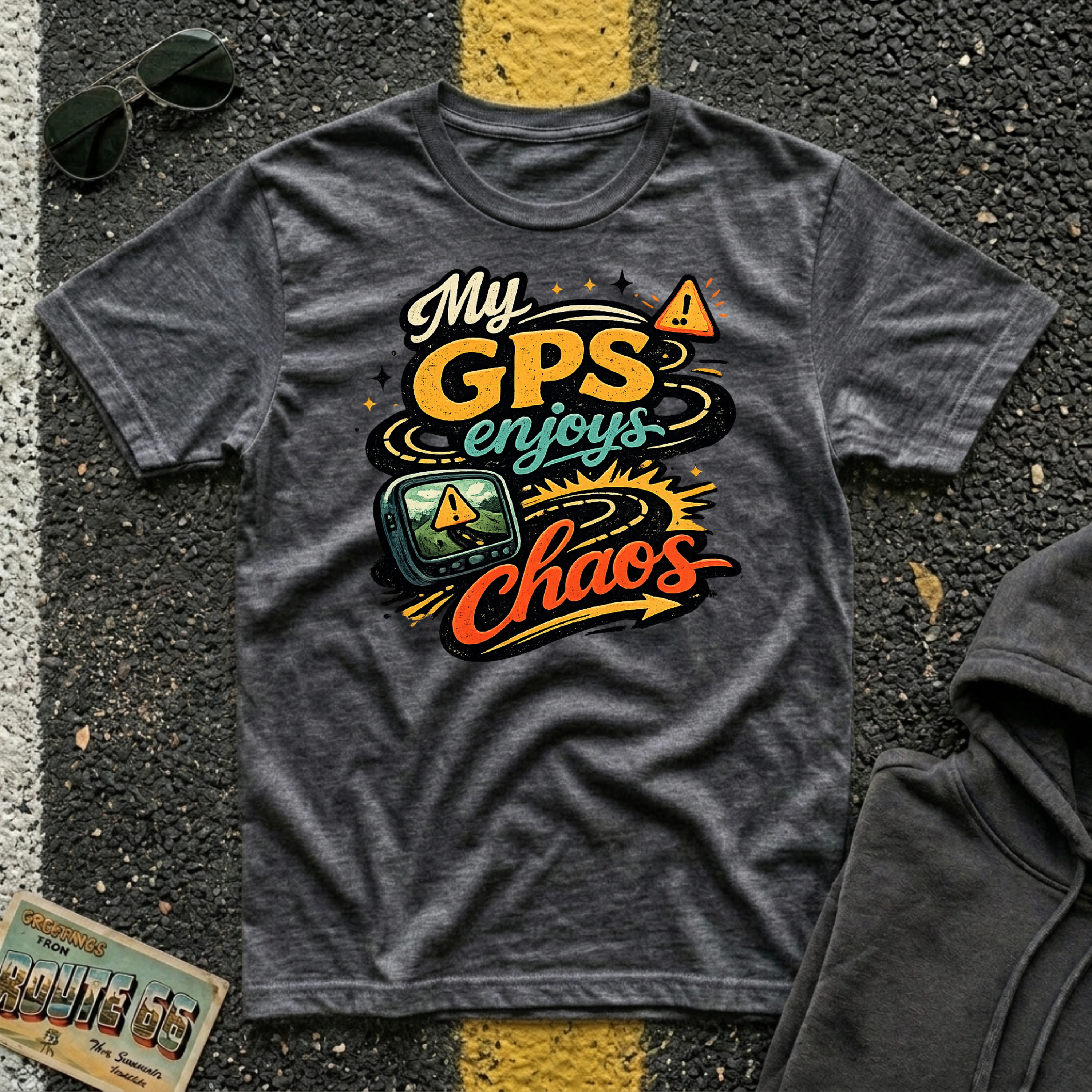 My GPS Enjoys Chaos T-shirt by The Riverstone Life on a dark heather Gildan Softstyle 64000 featuring a humorous road trip graphic inspired by unexpected adventures.