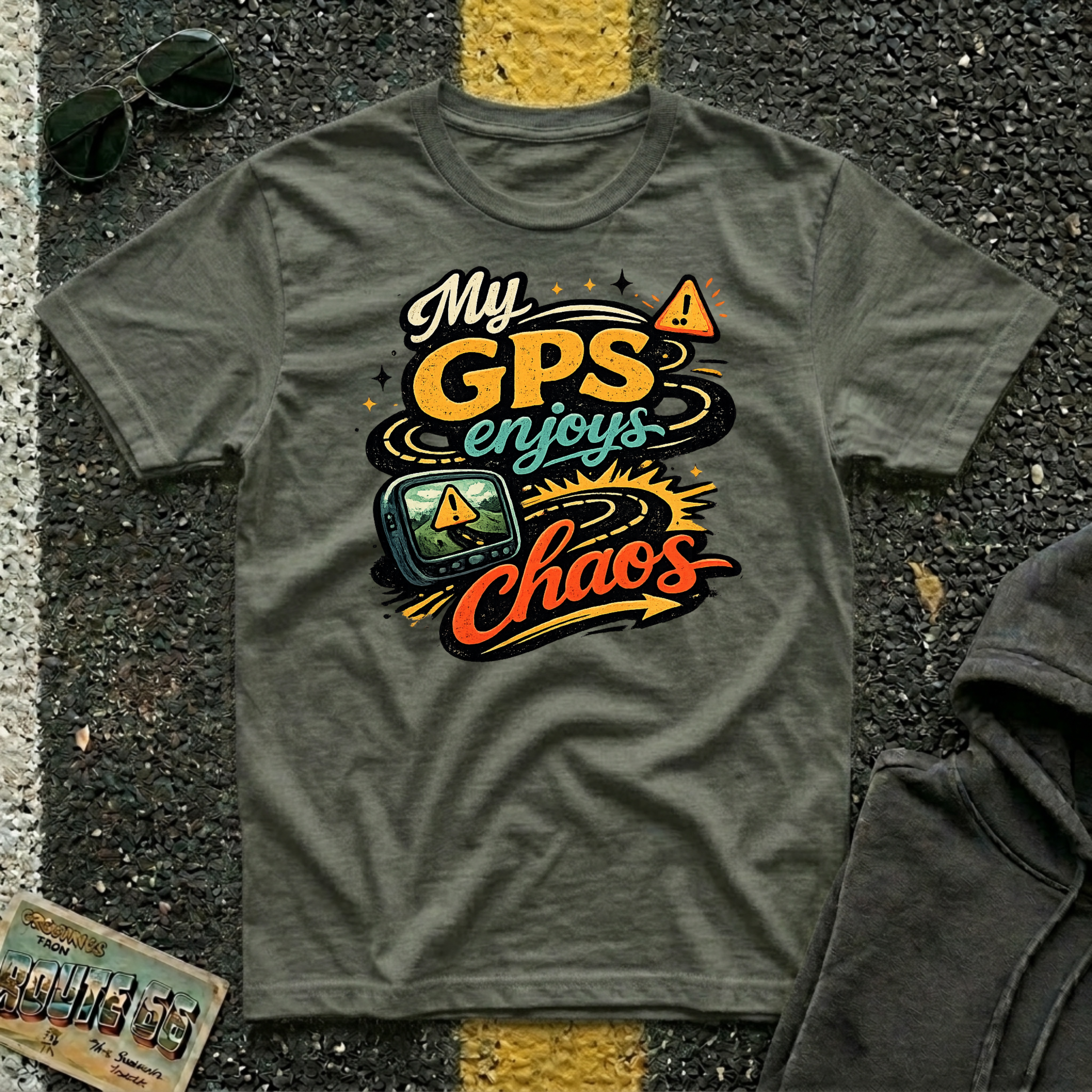 My GPS Enjoys Chaos T-shirt by The Riverstone Life on a military green Gildan Softstyle 64000 featuring a humorous road trip graphic inspired by unexpected adventures.