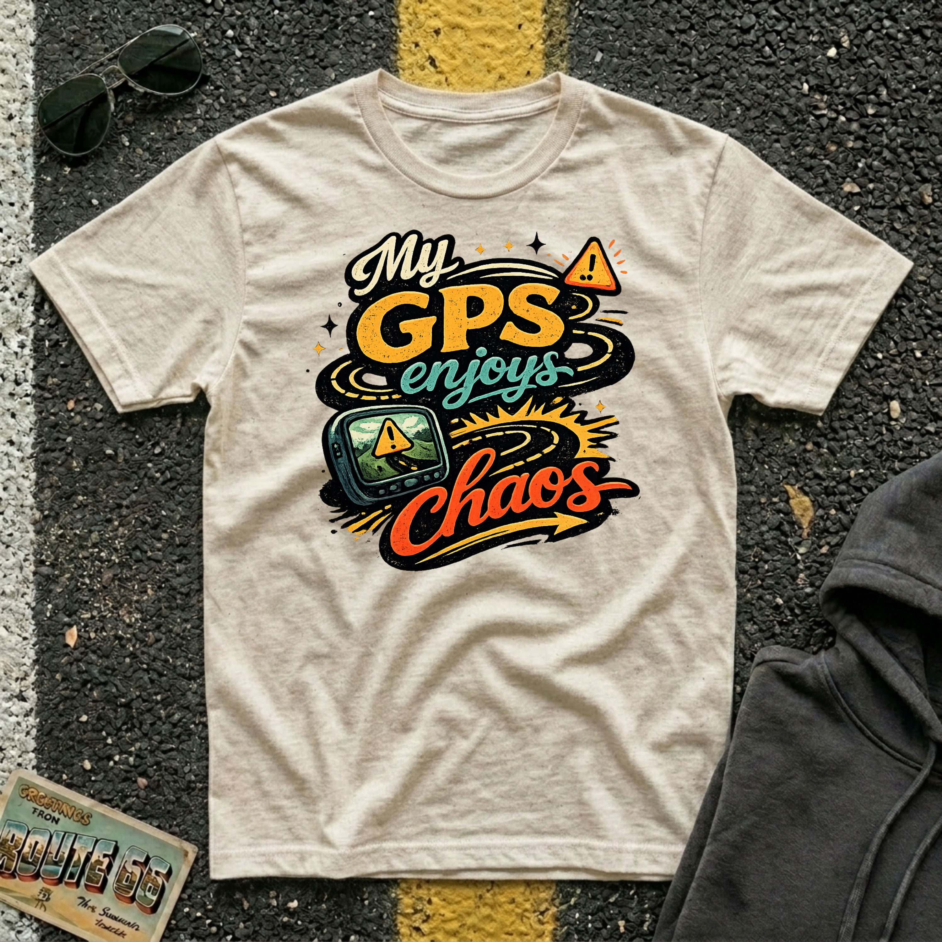 My GPS Enjoys Chaos T-shirt by The Riverstone Life on a natural Gildan Softstyle 64000 featuring a humorous road trip graphic inspired by unexpected adventures.
