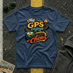 My GPS Enjoys Chaos T-shirt by The Riverstone Life on a navy Gildan Softstyle 64000 featuring a humorous road trip graphic inspired by unexpected adventures.