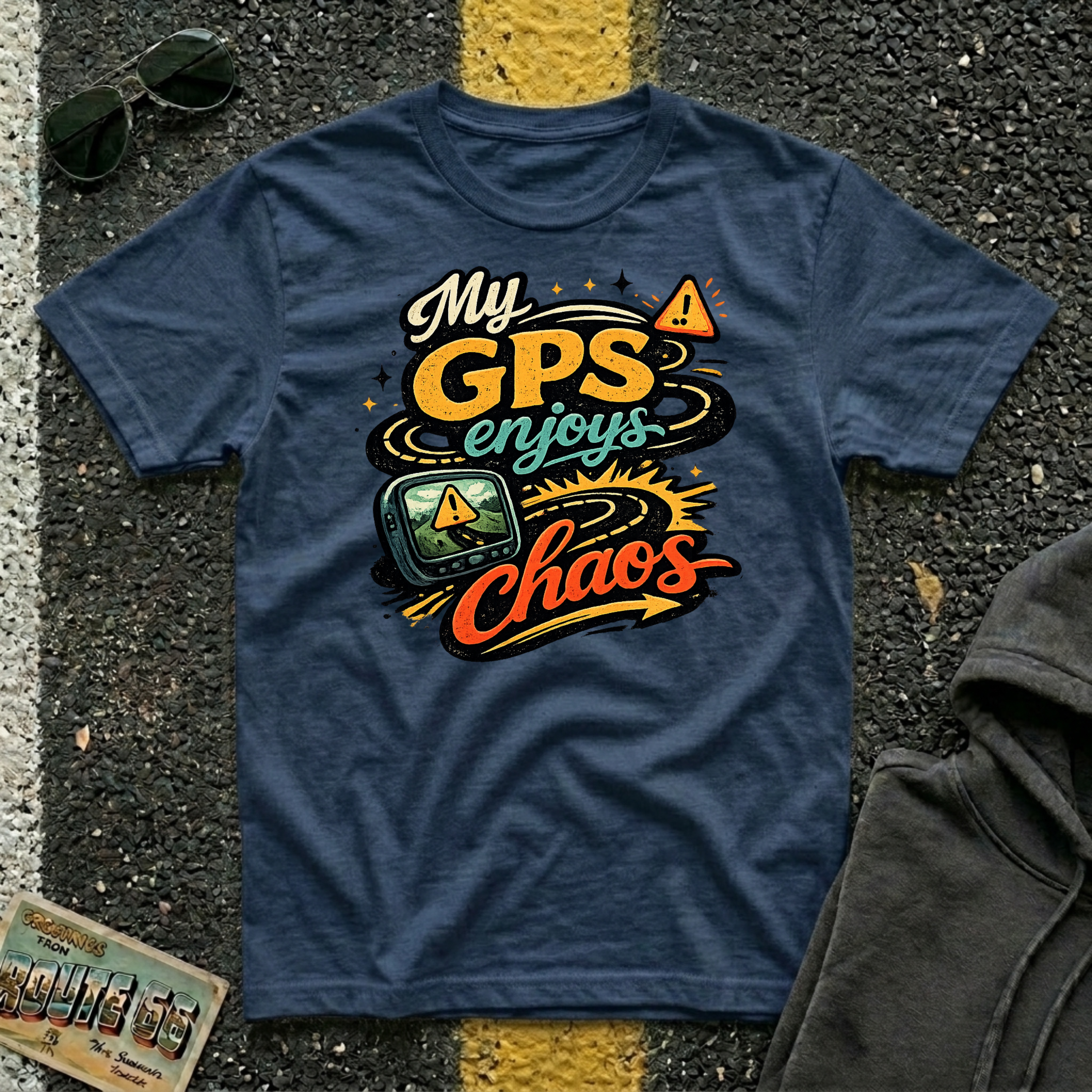 My GPS Enjoys Chaos T-shirt by The Riverstone Life on a navy Gildan Softstyle 64000 featuring a humorous road trip graphic inspired by unexpected adventures.