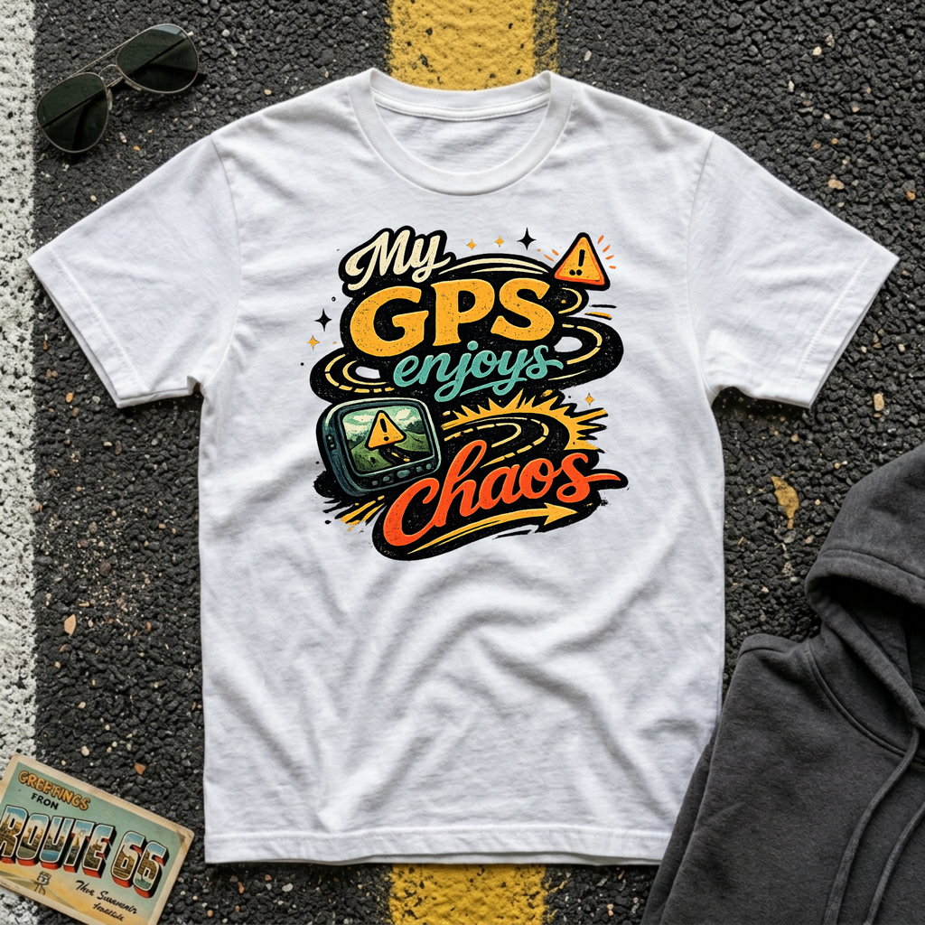 My GPS Enjoys Chaos T-shirt by The Riverstone Life on a white Gildan Softstyle 64000 featuring a humorous road trip graphic inspired by unexpected adventures.