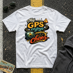 My GPS Enjoys Chaos T-shirt by The Riverstone Life on a white Gildan Softstyle 64000 featuring a humorous road trip graphic inspired by unexpected adventures.