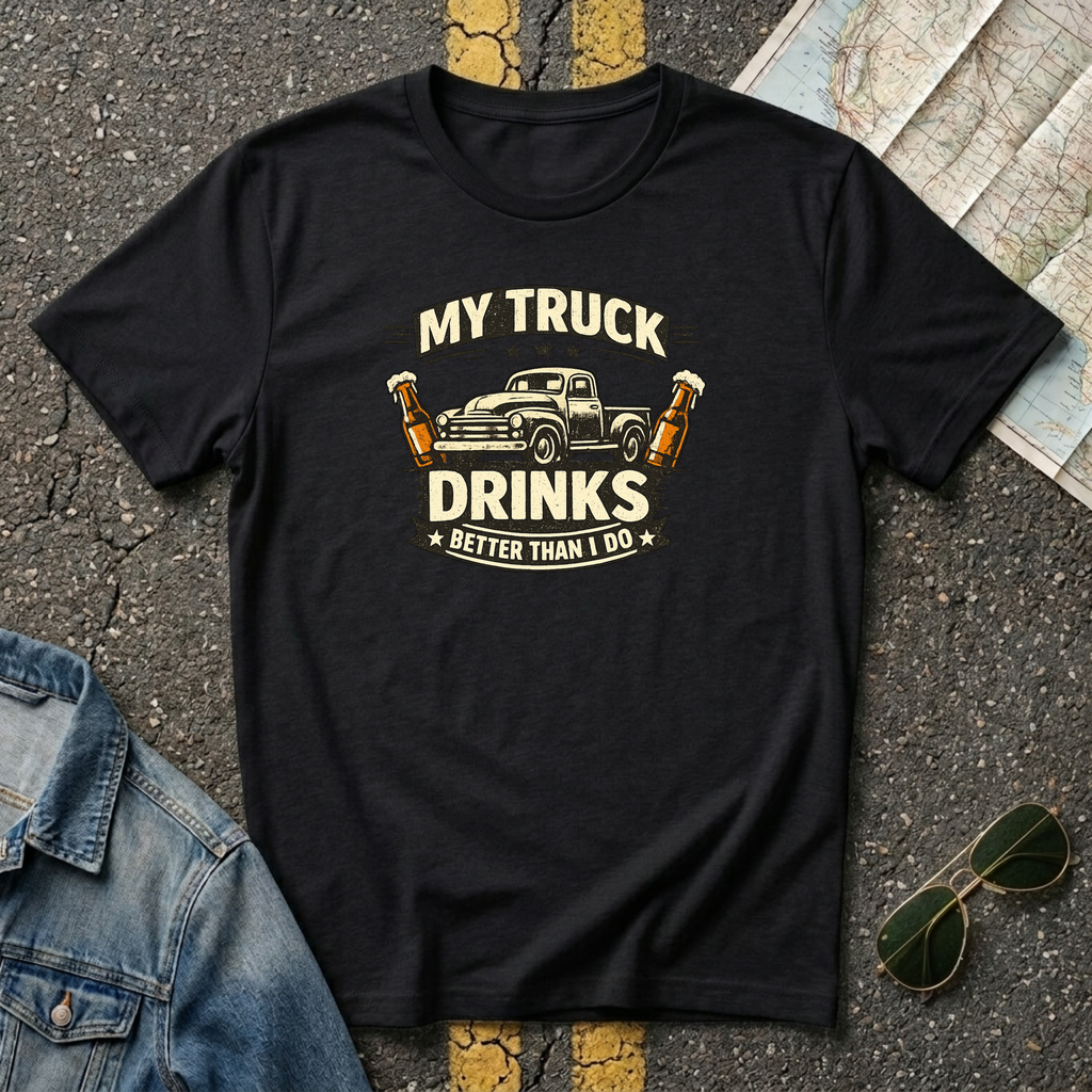 My Truck Drinks Better Than I Do T-shirt by The Riverstone Life on a black Gildan Softstyle 64000 featuring a vintage pickup truck and humorous fuel themed design.