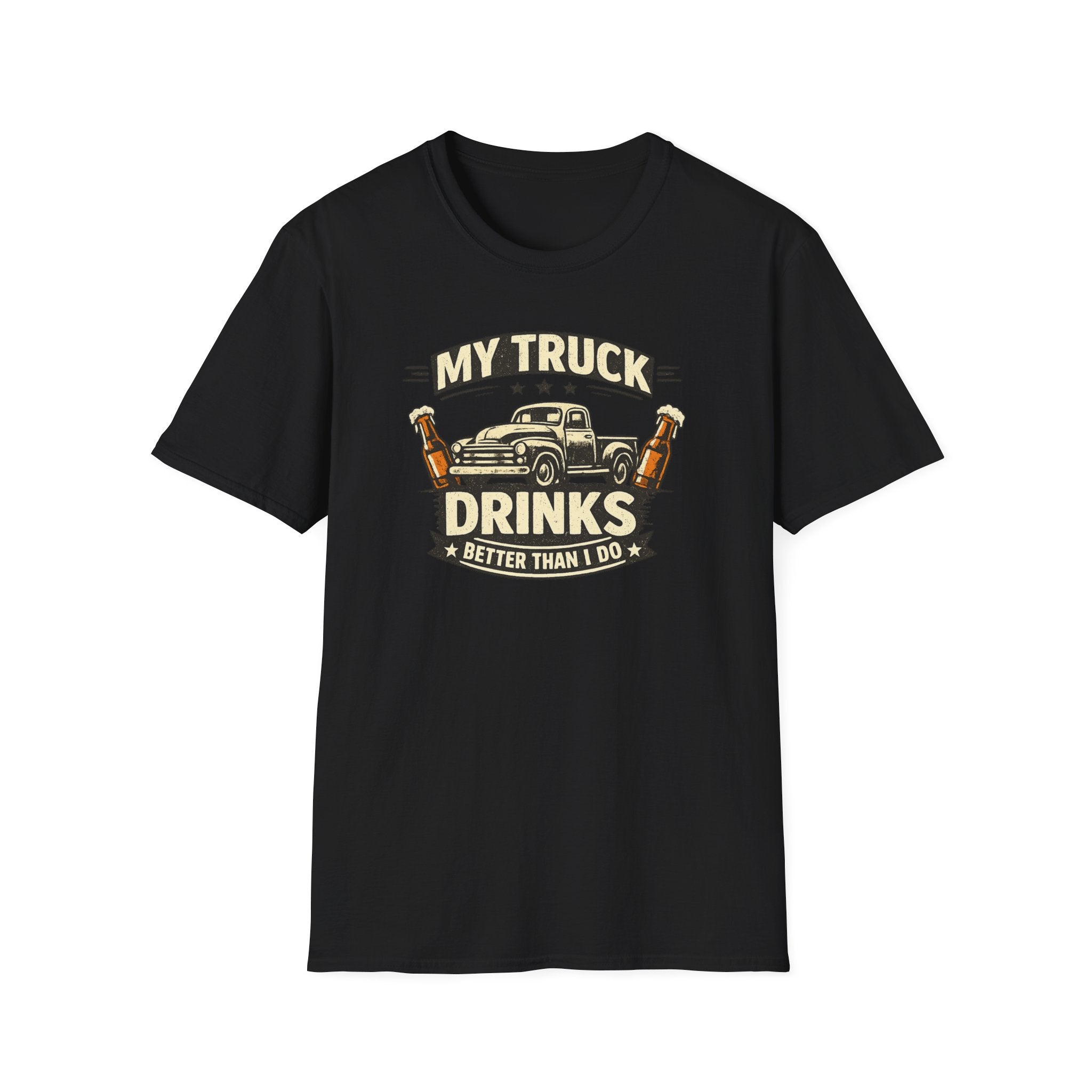 My Truck Drinks Better Than I Do T-shirt by The Riverstone Life on a black Gildan Softstyle 64000 featuring a vintage pickup truck and humorous fuel themed design on a white background