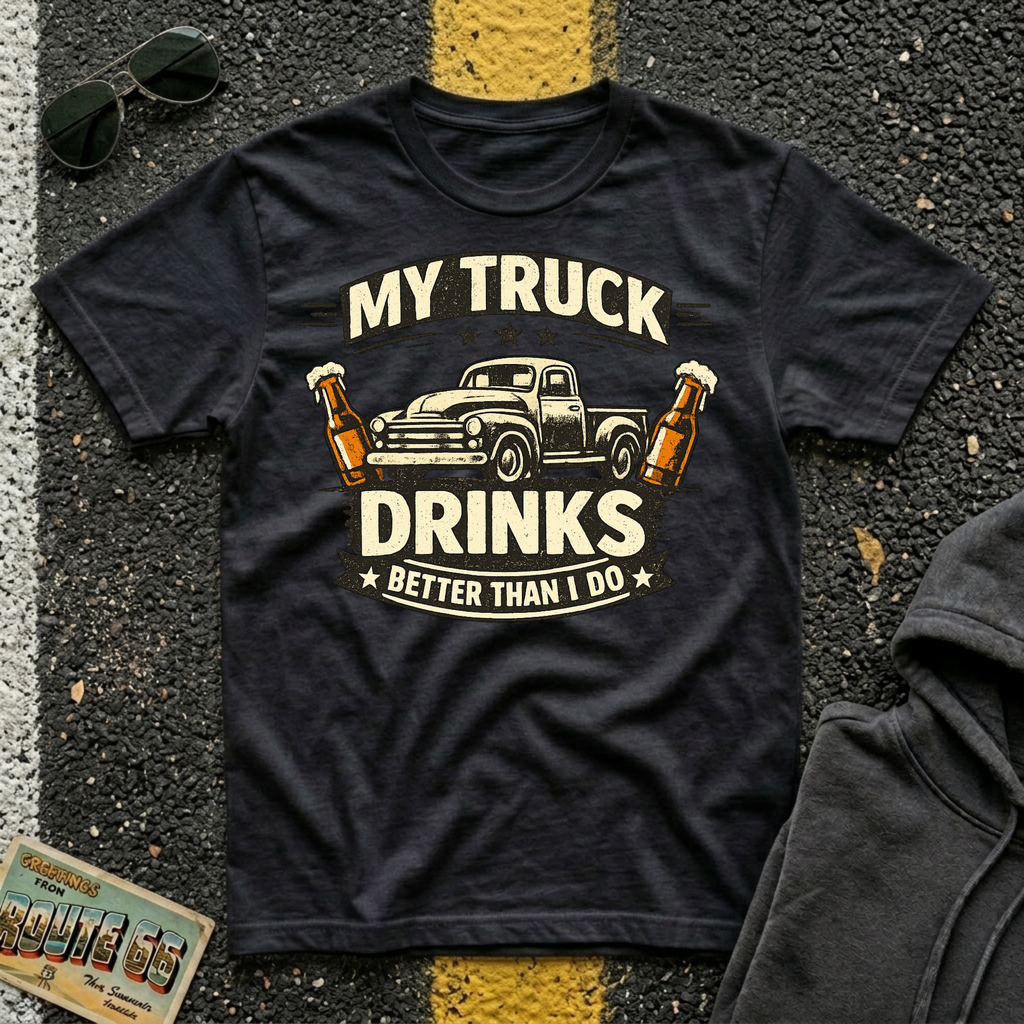 My Truck Drinks Better Than I Do T-shirt by The Riverstone Life on a black Gildan Softstyle 64000 featuring a vintage pickup truck and humorous fuel themed design.