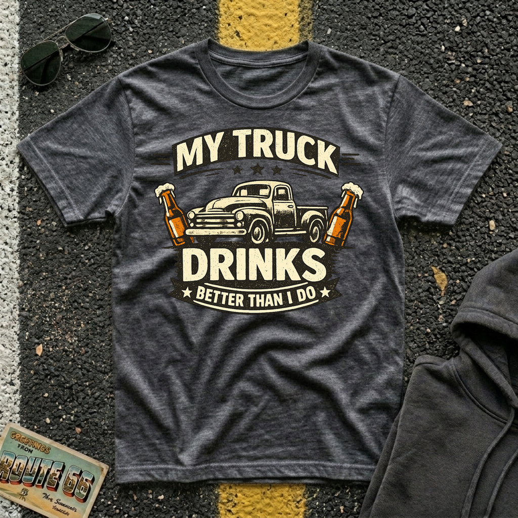 My Truck Drinks Better Than I Do T-shirt by The Riverstone Life on a dark heather Gildan Softstyle 64000 featuring a vintage pickup truck and humorous fuel themed design.