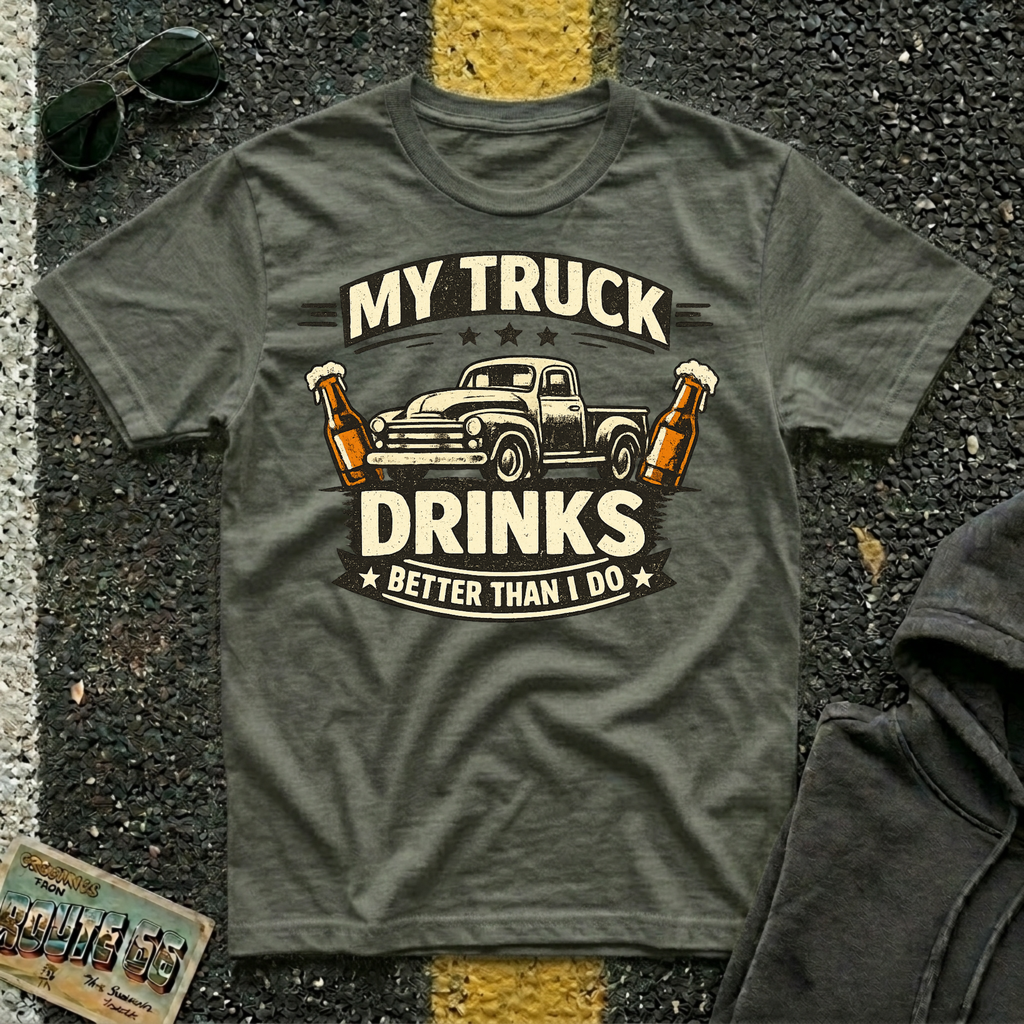 My Truck Drinks Better Than I Do T-shirt by The Riverstone Life on a military green Gildan Softstyle 64000 featuring a vintage pickup truck and humorous fuel themed design.