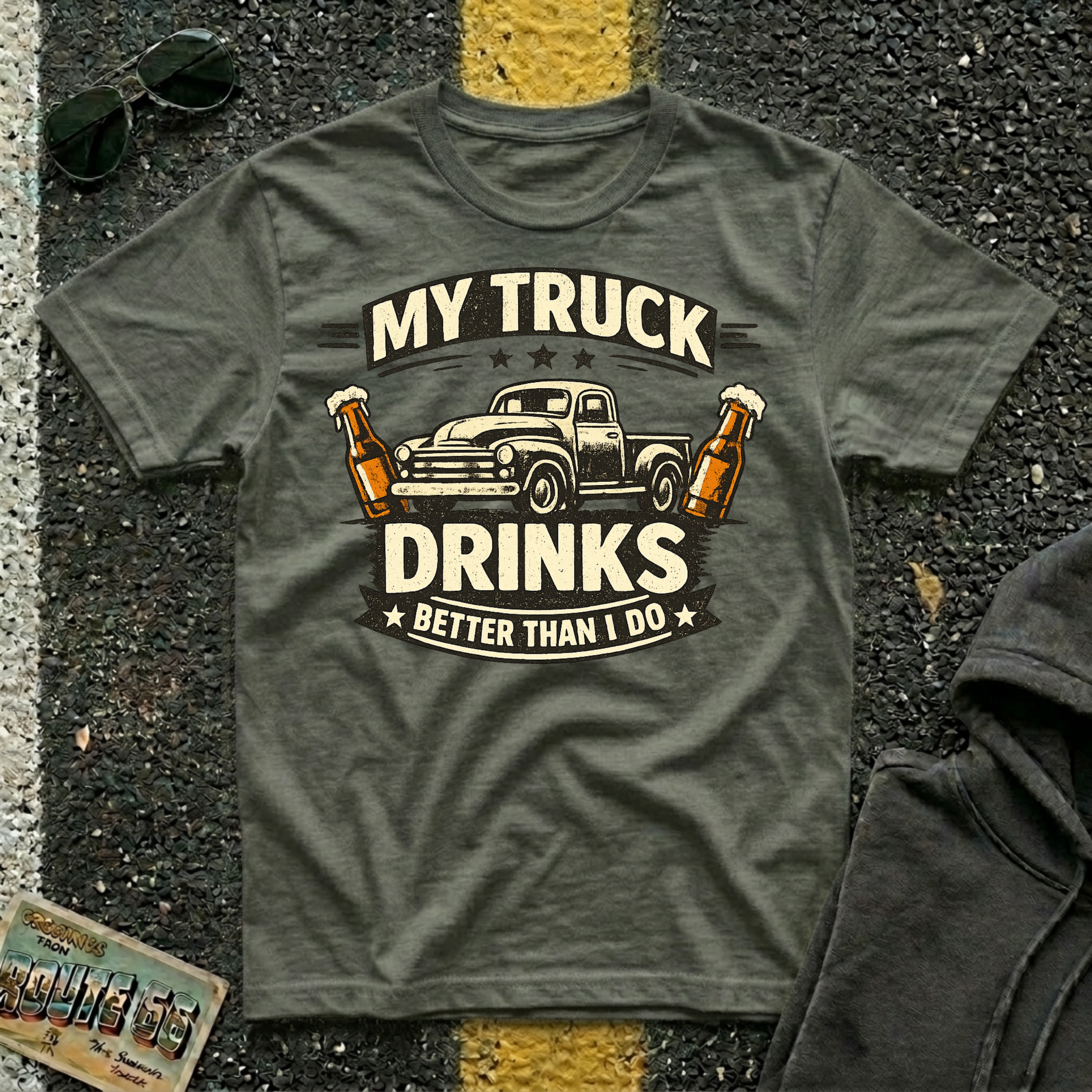My Truck Drinks Better Than I Do T-shirt by The Riverstone Life on a military green Gildan Softstyle 64000 featuring a vintage pickup truck and humorous fuel themed design.