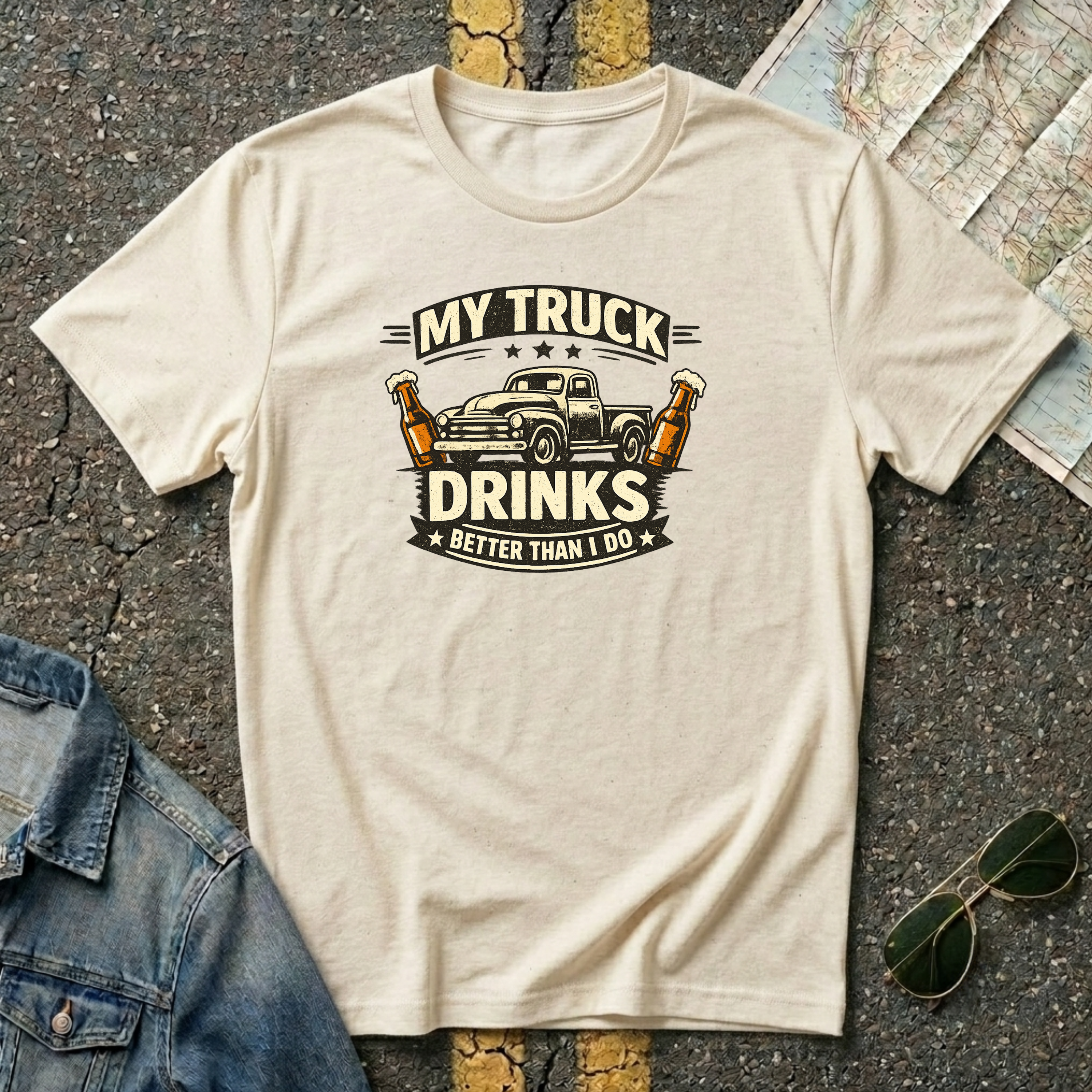 My Truck Drinks Better Than I Do T-shirt by The Riverstone Life on a natural Gildan Softstyle 64000 featuring a vintage pickup truck and humorous fuel themed design.