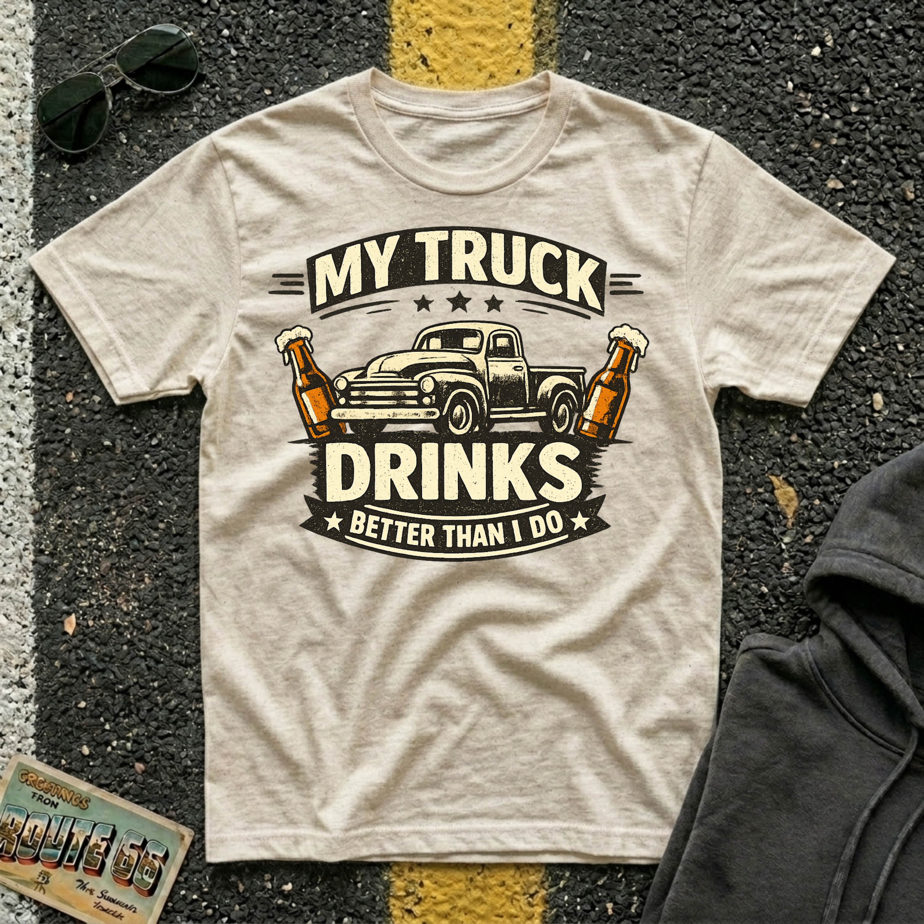 My Truck Drinks Better Than I Do T-shirt by The Riverstone Life on a natural Gildan Softstyle 64000 featuring a vintage pickup truck and humorous fuel themed design.