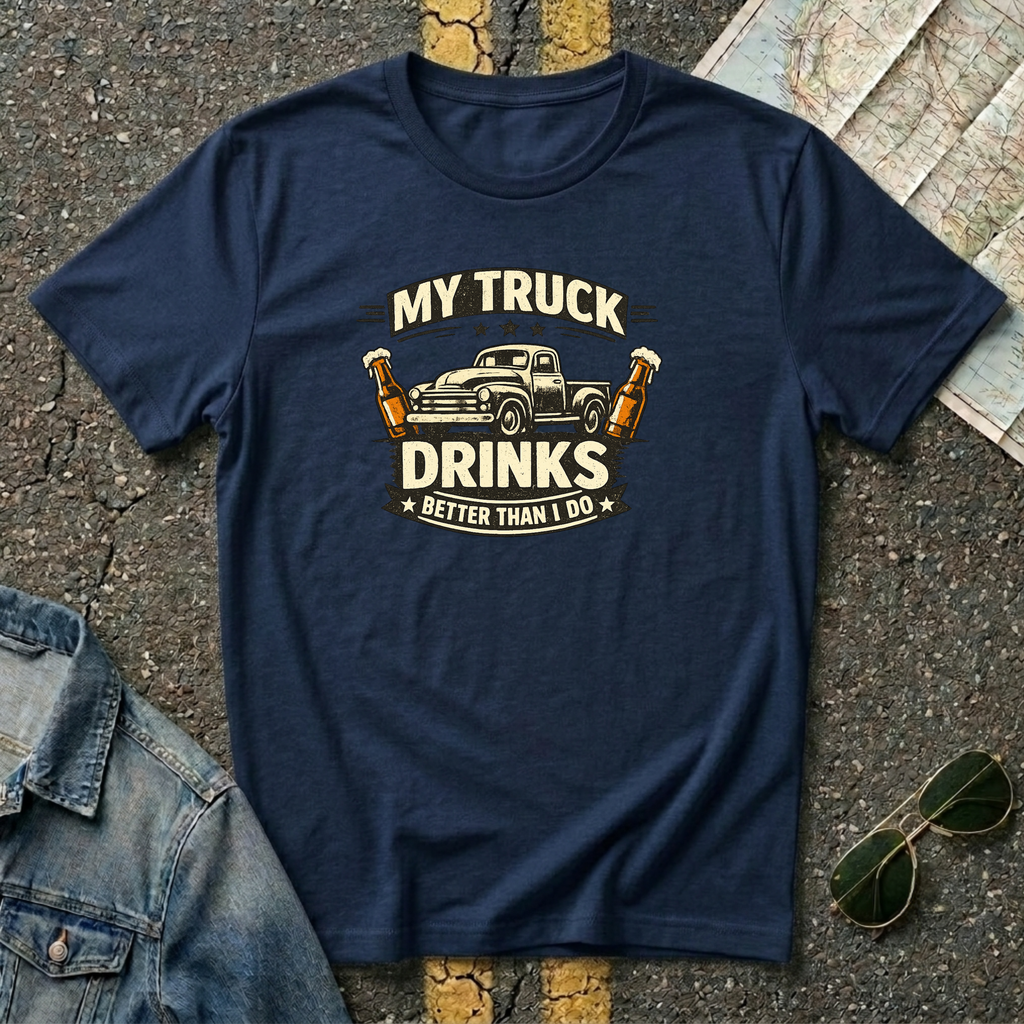 My Truck Drinks Better Than I Do T-shirt by The Riverstone Life on a navy Gildan Softstyle 64000 featuring a vintage pickup truck and humorous fuel themed design.